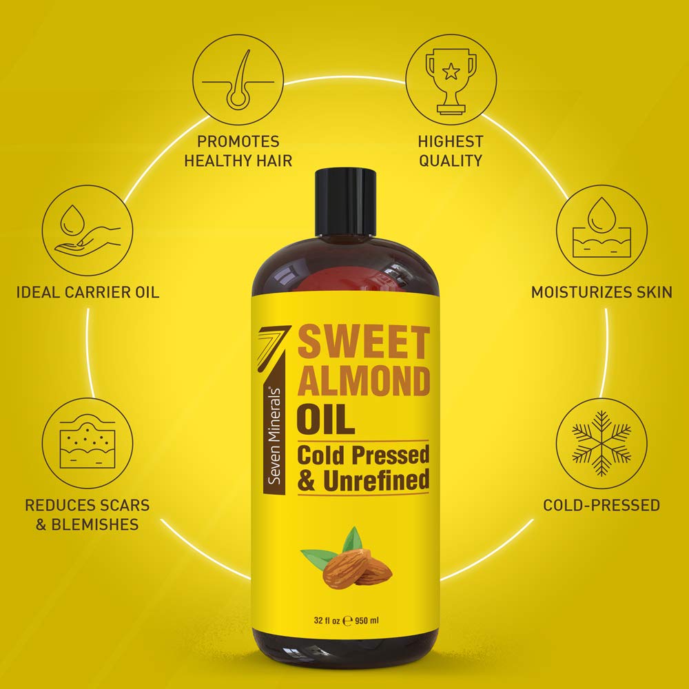 Seven Minerals Sweet Almond Oil label closeup shows pure, one-ingredient formula for trust.