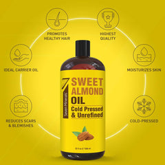 Seven Minerals Sweet Almond Oil label closeup shows pure, one-ingredient formula for trust.