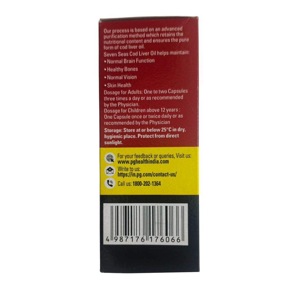 Seven Seas Cod Liver Oil Capsules 500-count bottle front on counter