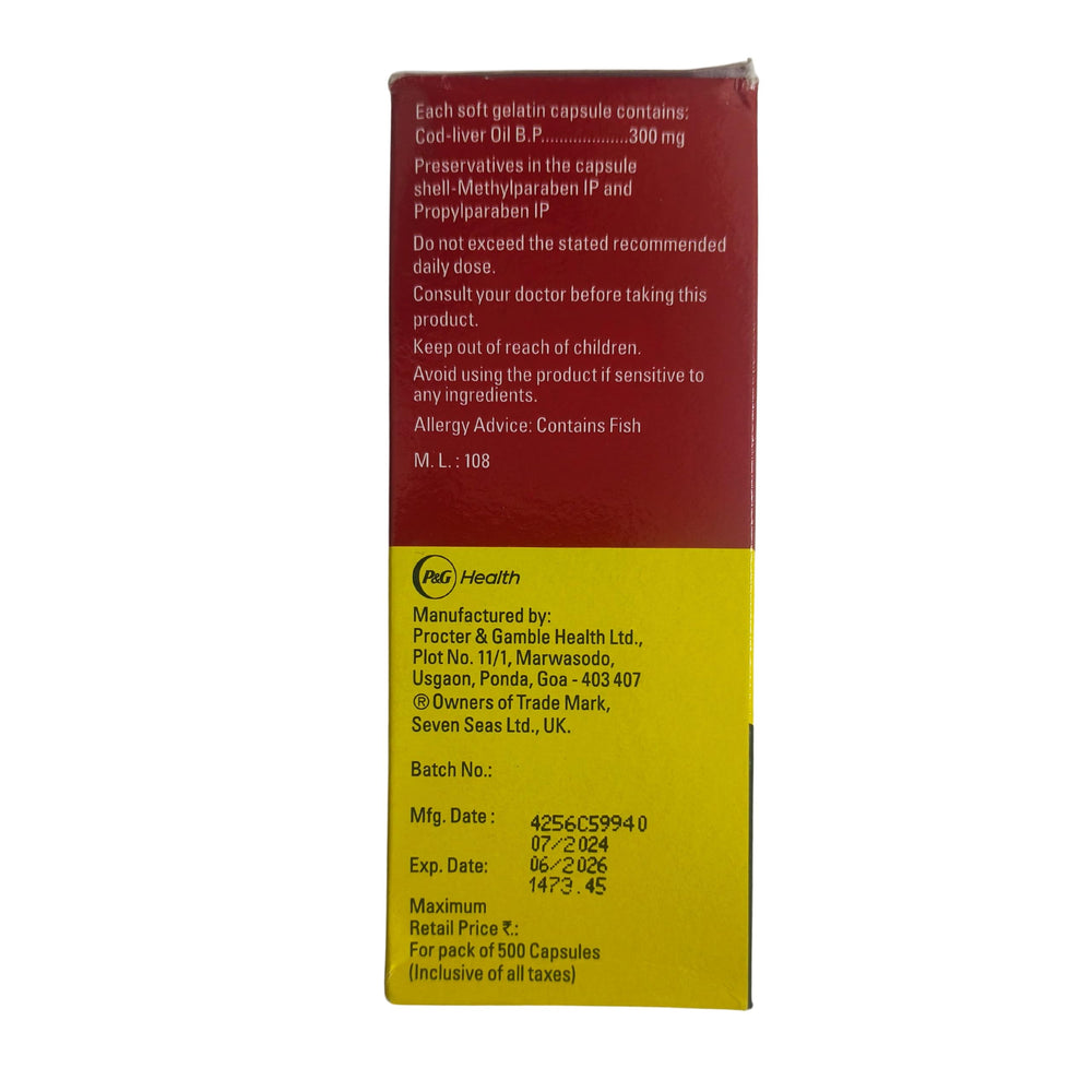 Seven Seas Cod Liver Oil Capsules label highlights omega-3 and vitamins