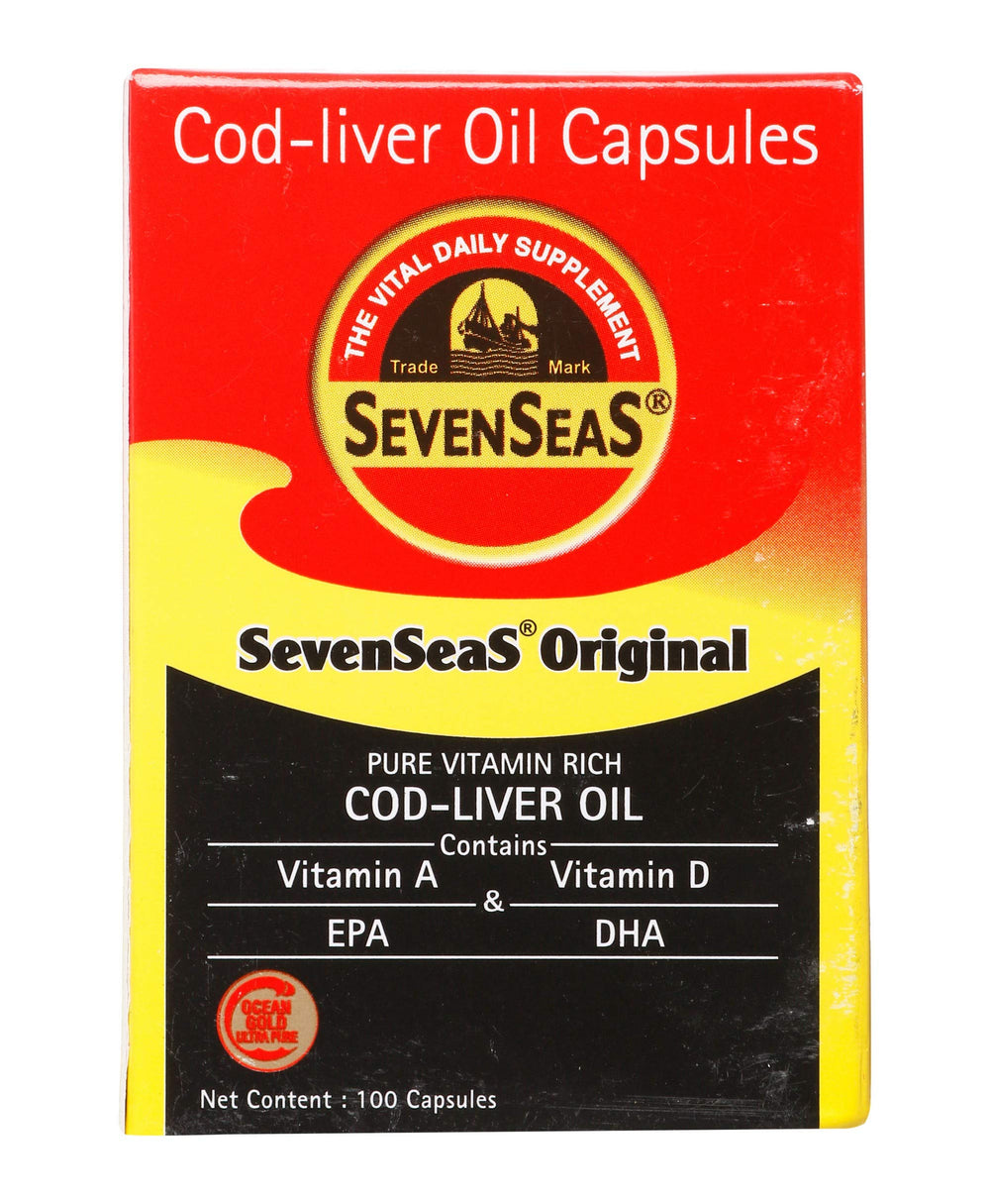 Seven Seas Seacod cod-liver oil capsules bottle close-up, highlighting omega-3 and vitamins A and D.