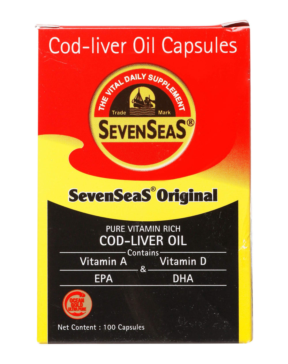 Seven Seas Seacod bottle label shows vitamins A and D for daily nutrition.