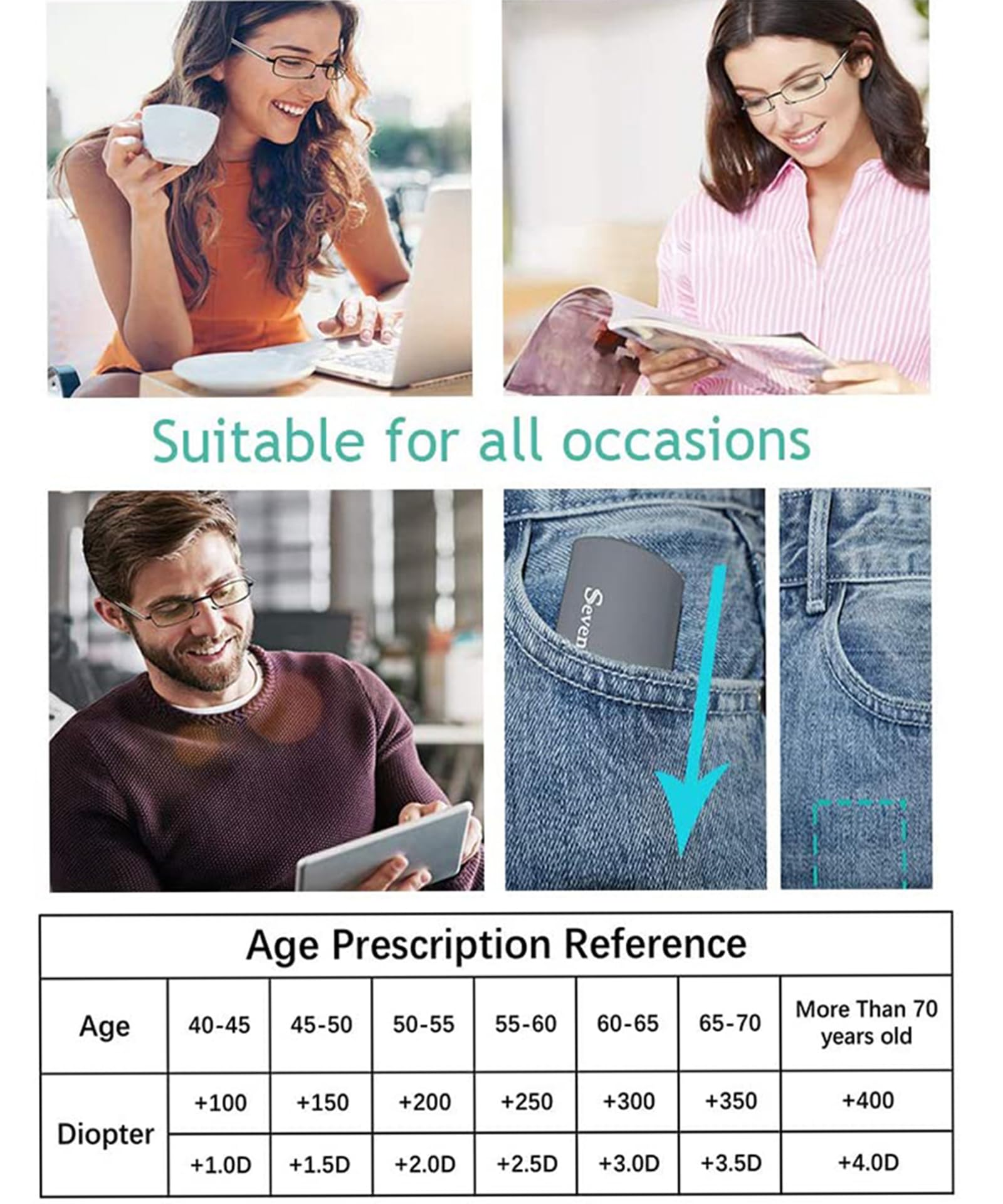 SevenPlus glasses with spring hinges and metal frame for durable daily wear.