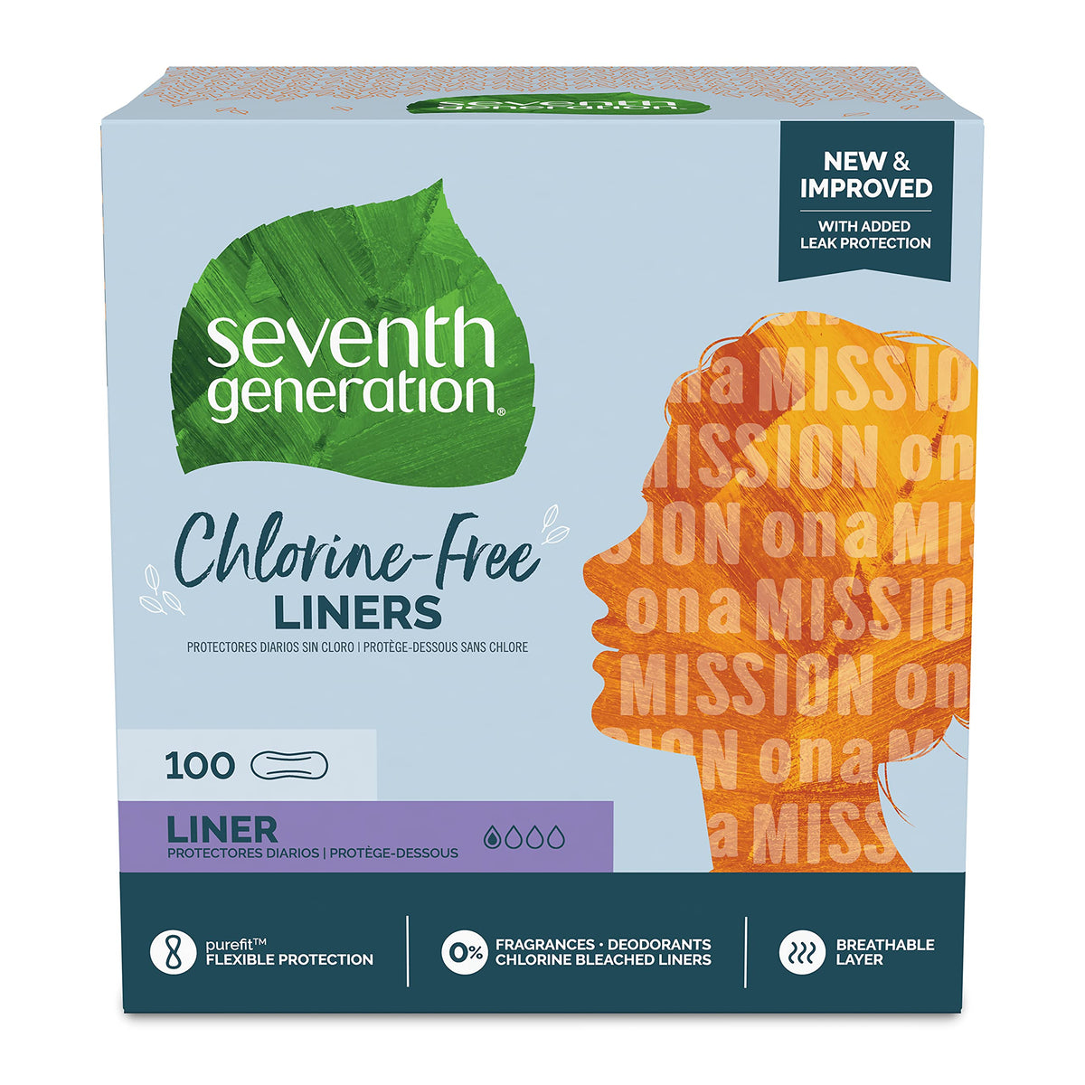 Seventh Generation Pantiliners with breathable layer provide comfortable protection throughout the day.