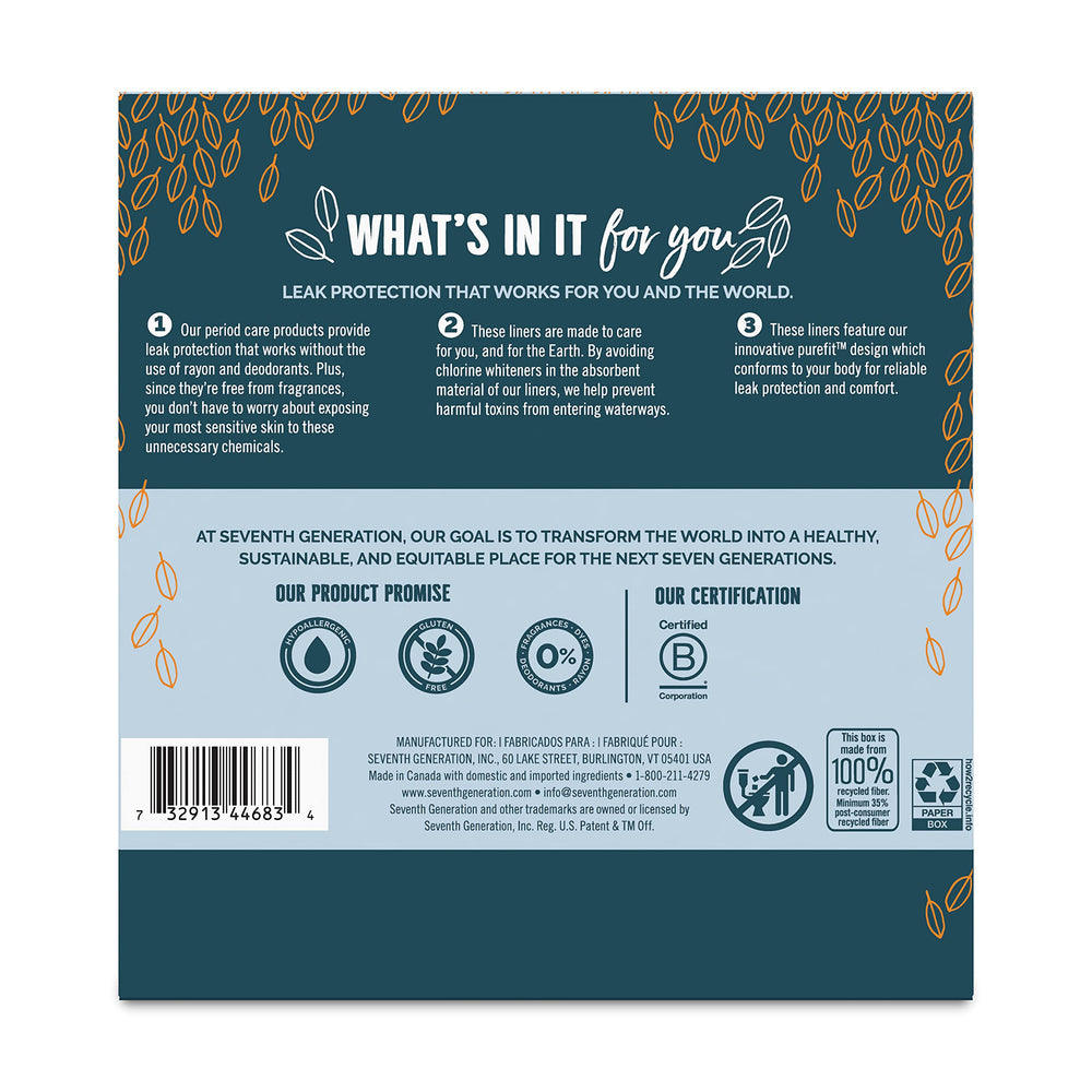 Seventh Generation Pantiliners' PureFit design hugs your shape for secure, discreet protection.