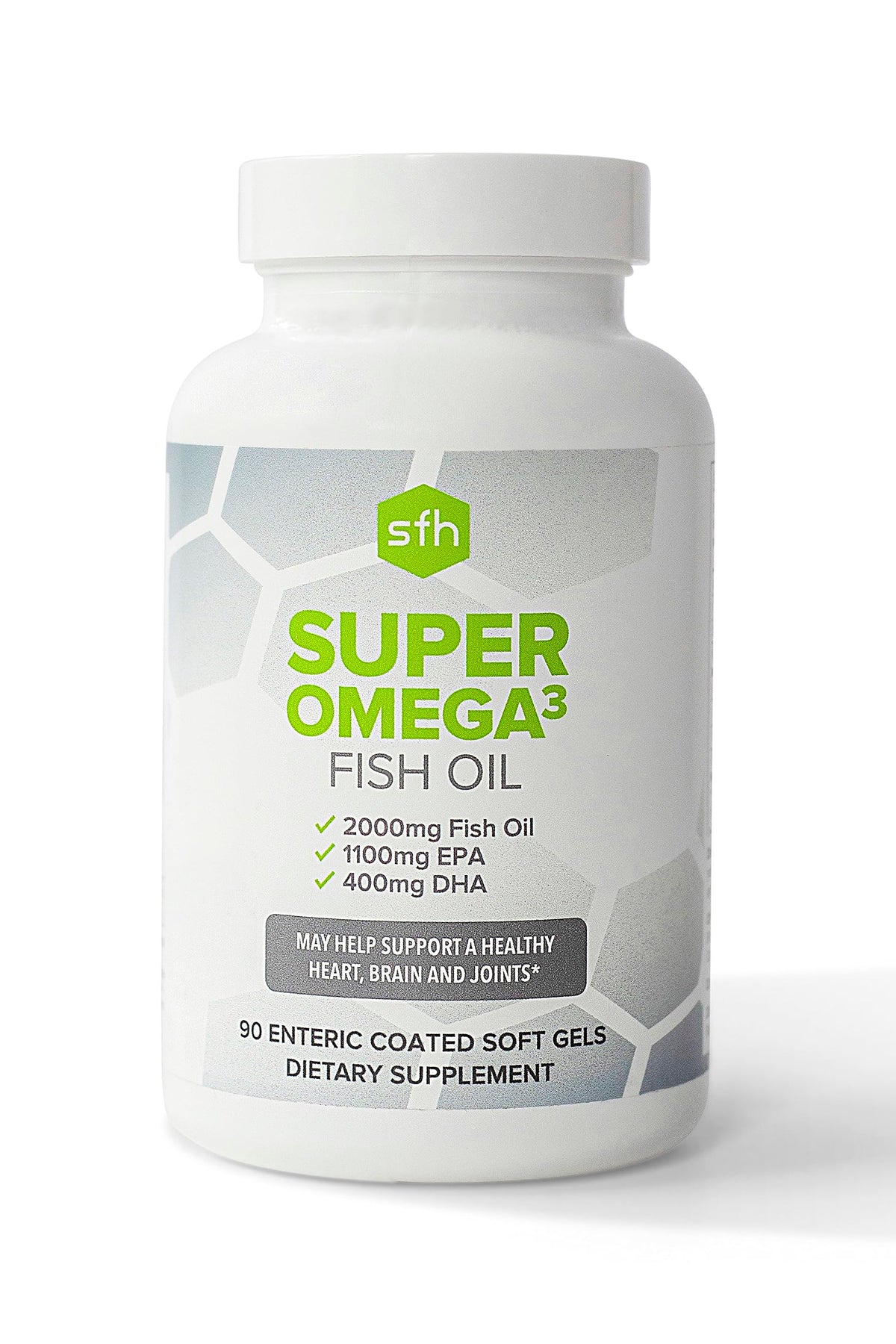 SFH Super Omega-3 capsules close-up showing enteric coating for reduced fish burps.