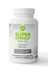 SFH Super Omega-3 capsules close-up showing enteric coating for reduced fish burps.