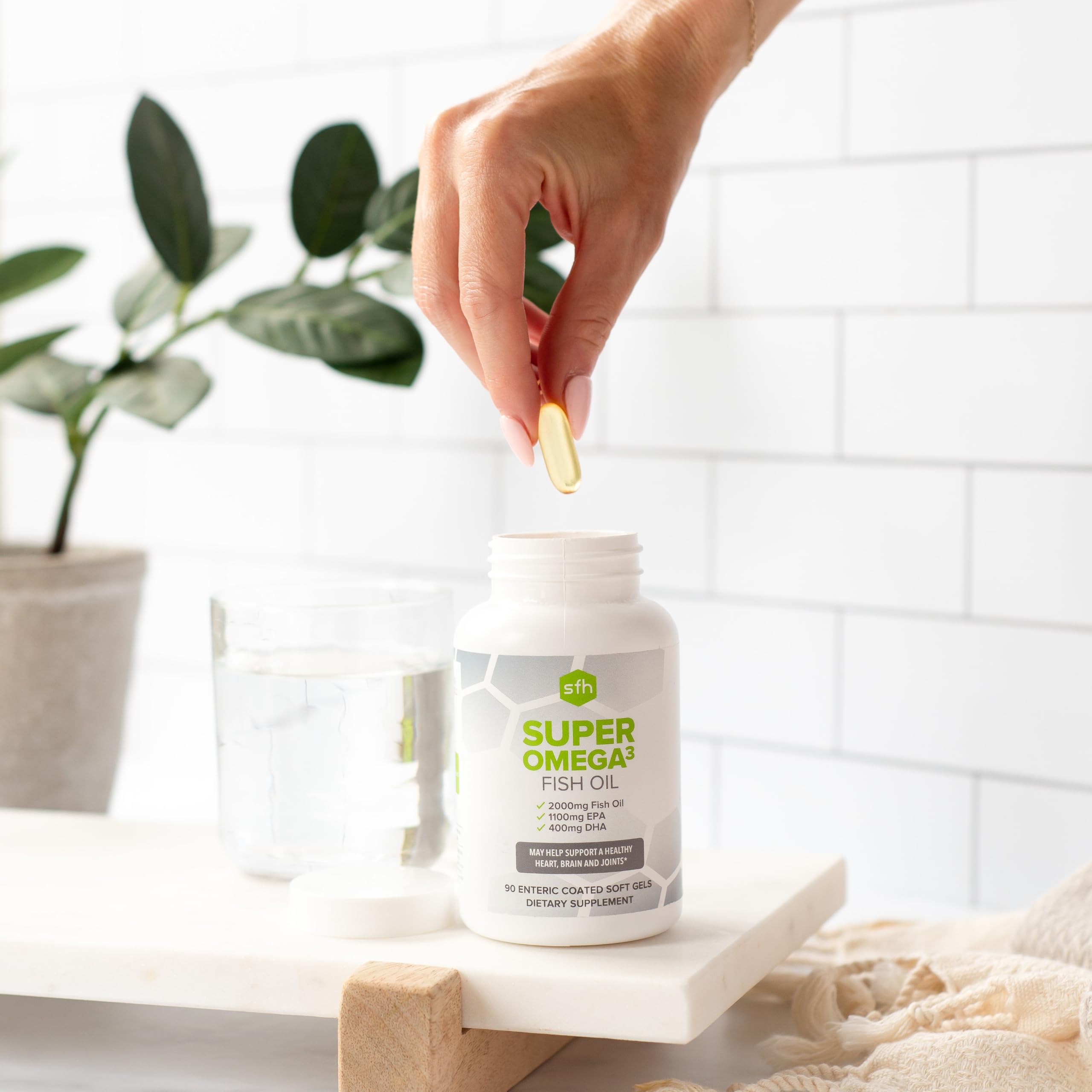 SFH Super Omega-3 capsules displayed suggesting versatile heart, joint, and brain support.