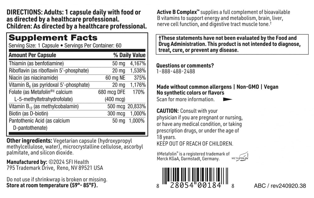 SFI Health Active B Complex ingredients icons illustrate methyl folate and coenzymes