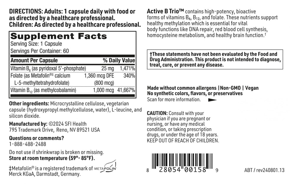 SFI Health Active B Trio packaging box showcasing product specs