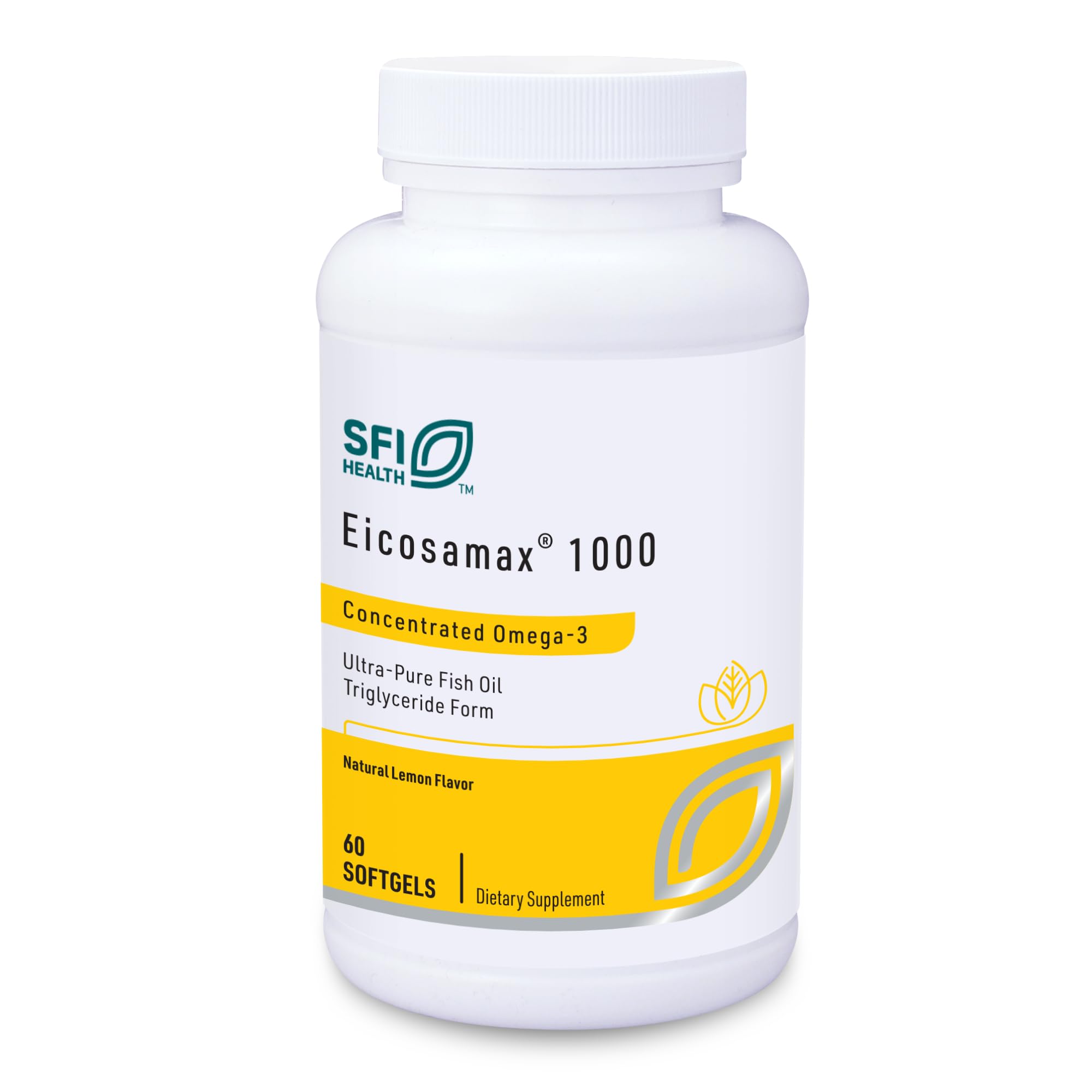 SFI Health Eicosamax 1000 bottle label highlights lemon flavor and omega-3 potency