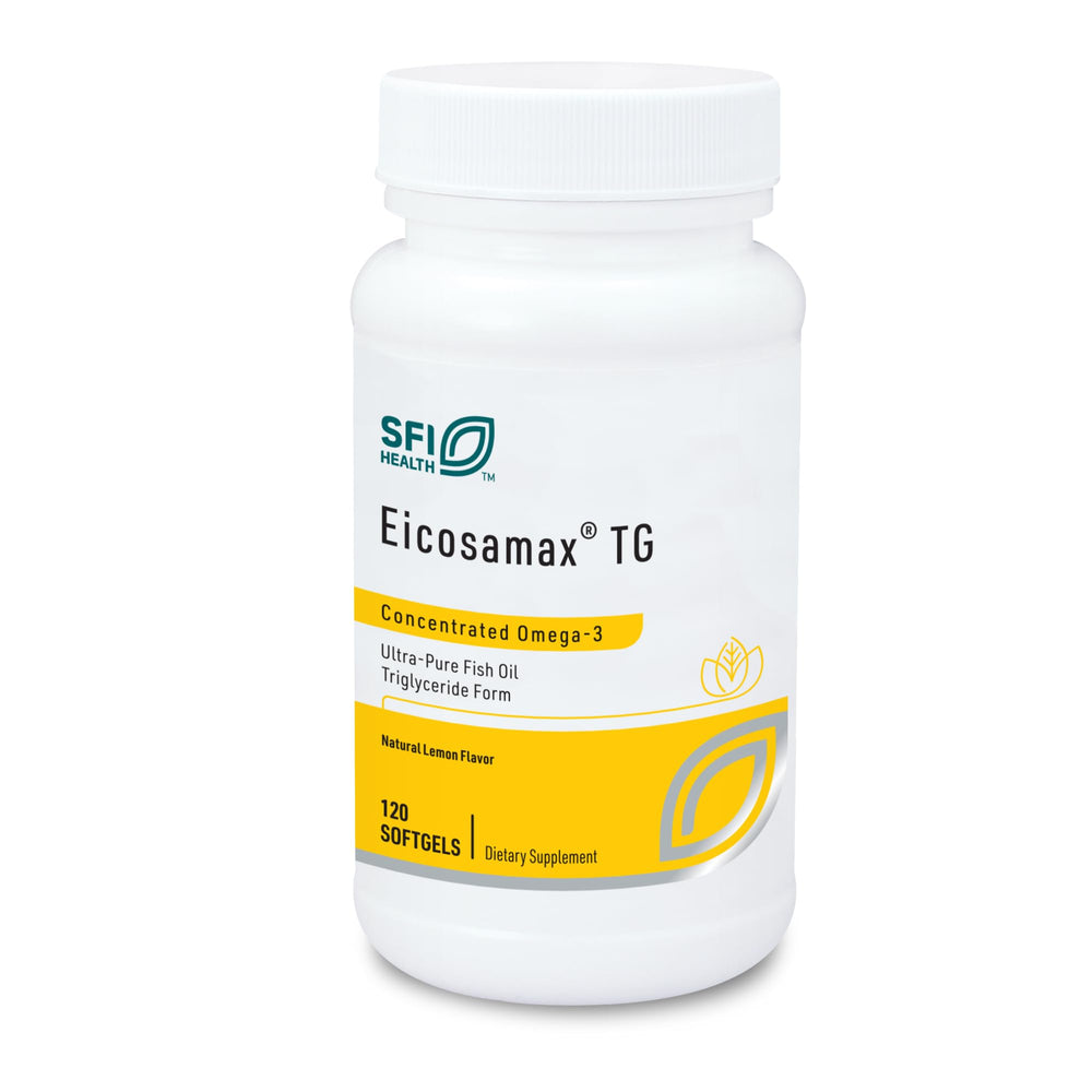 SFI Health Eicosamax TG softgels lemon bottle for daily, high-purity omega-3 intake.
