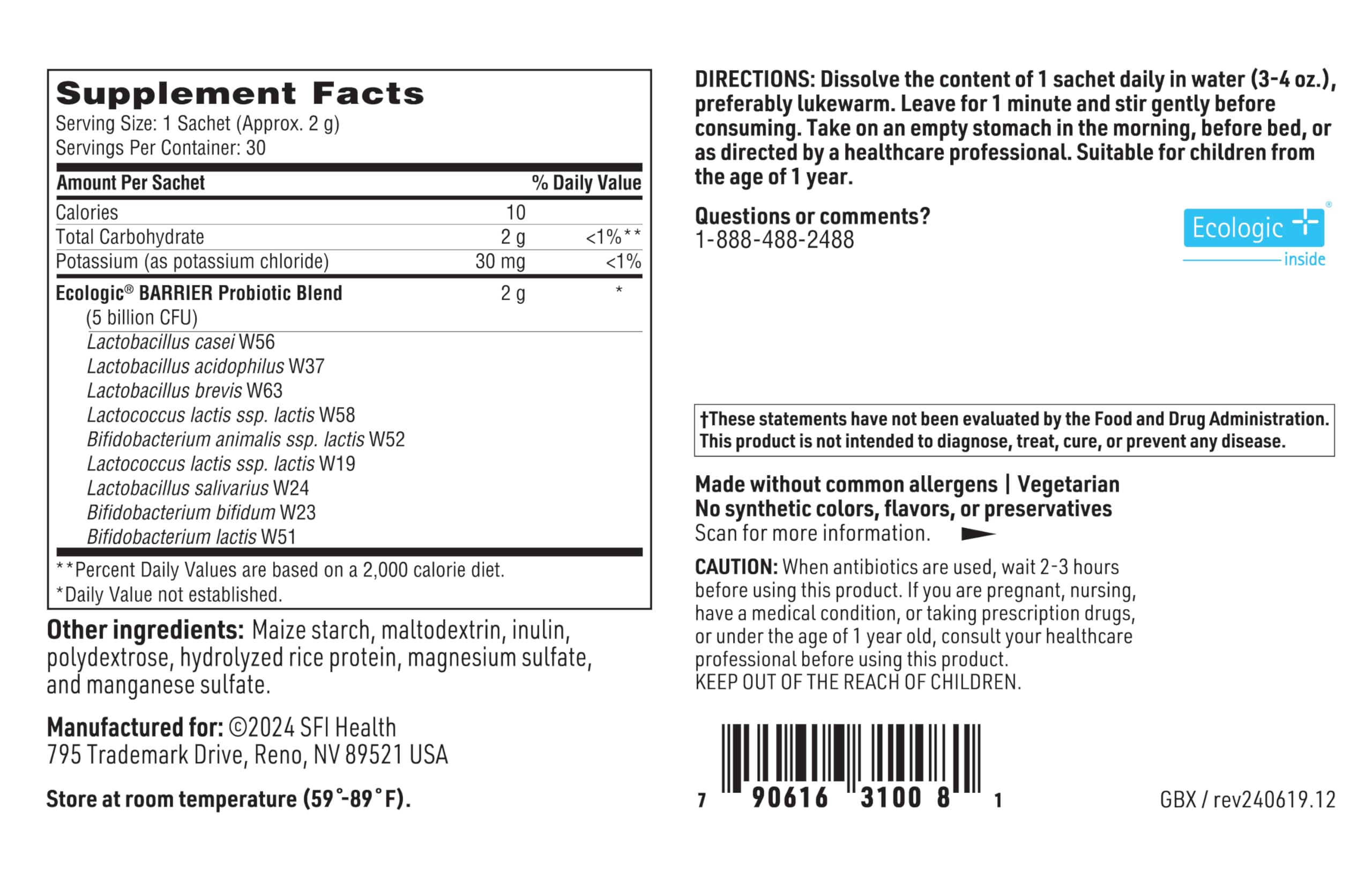 SFI Health hypoallergenic packaging emphasizes allergen-free probiotic formula.