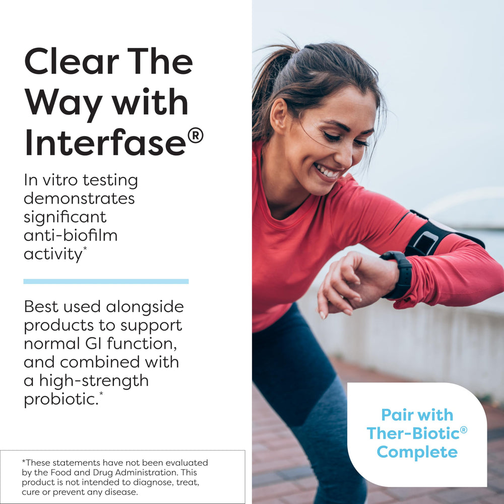 InterFase label close-up emphasizes biofilm-focused formulation for gut balance