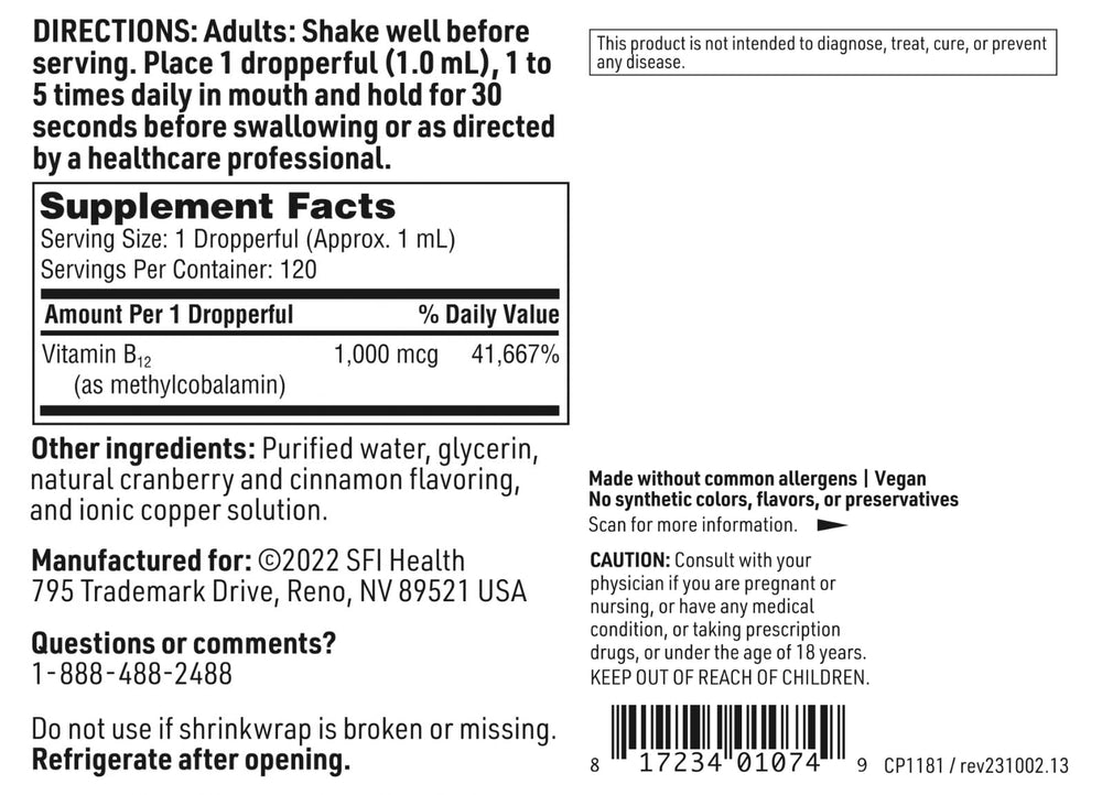 SFI Health Klaire Labs B12 drops label highlighting free from synthetic colors or preservatives