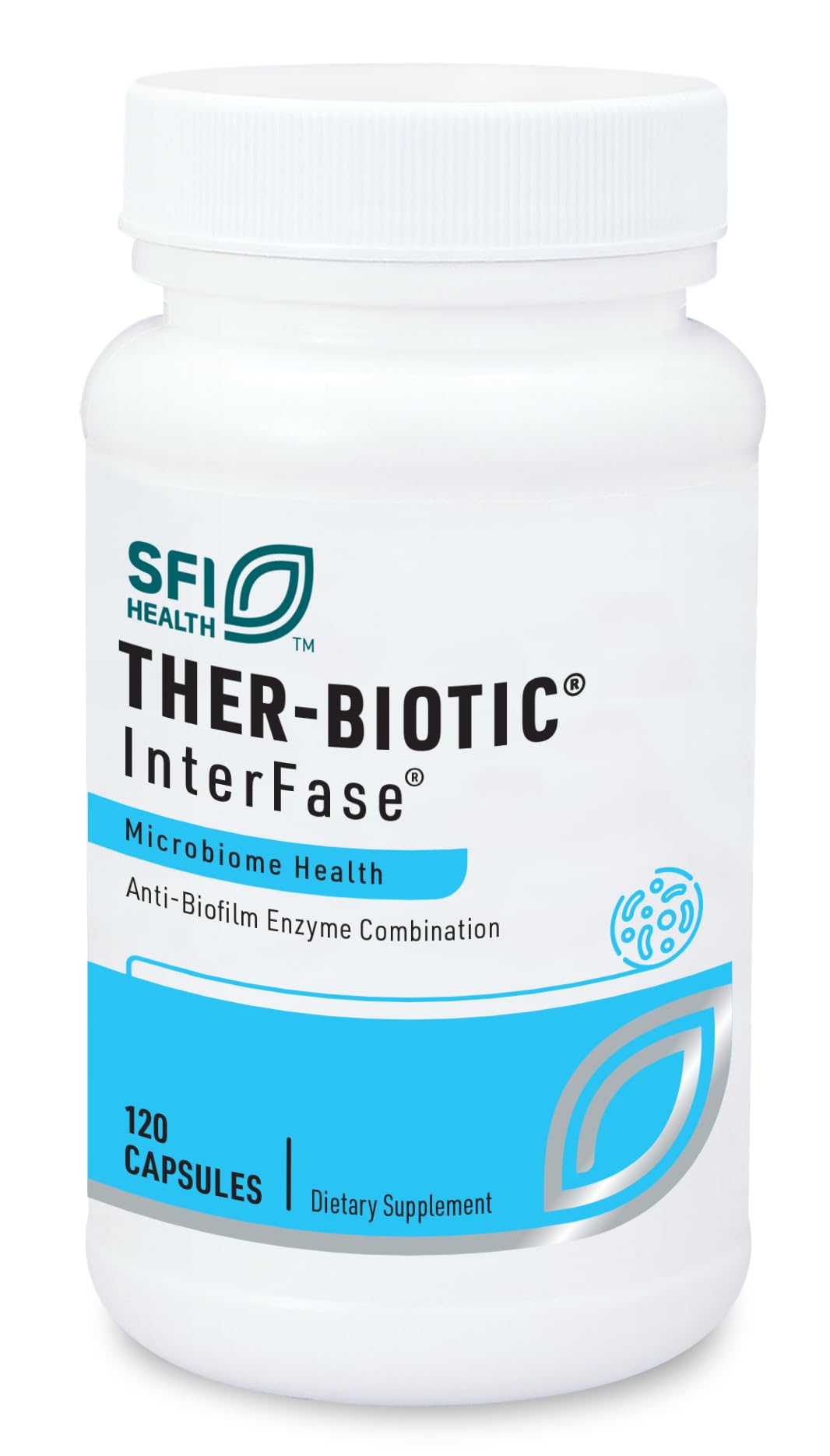SFI Health Klaire InterFase bottle with capsules supporting digestive balance.