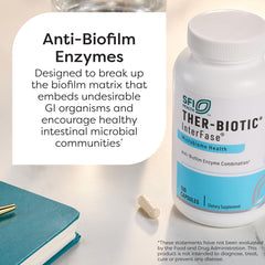 InterFase capsules close-up showing enzyme blend for biofilm disruption and gut balance.