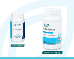 Klaire L-Glutamine capsules closeup, 500 mg per vegetarian capsule.