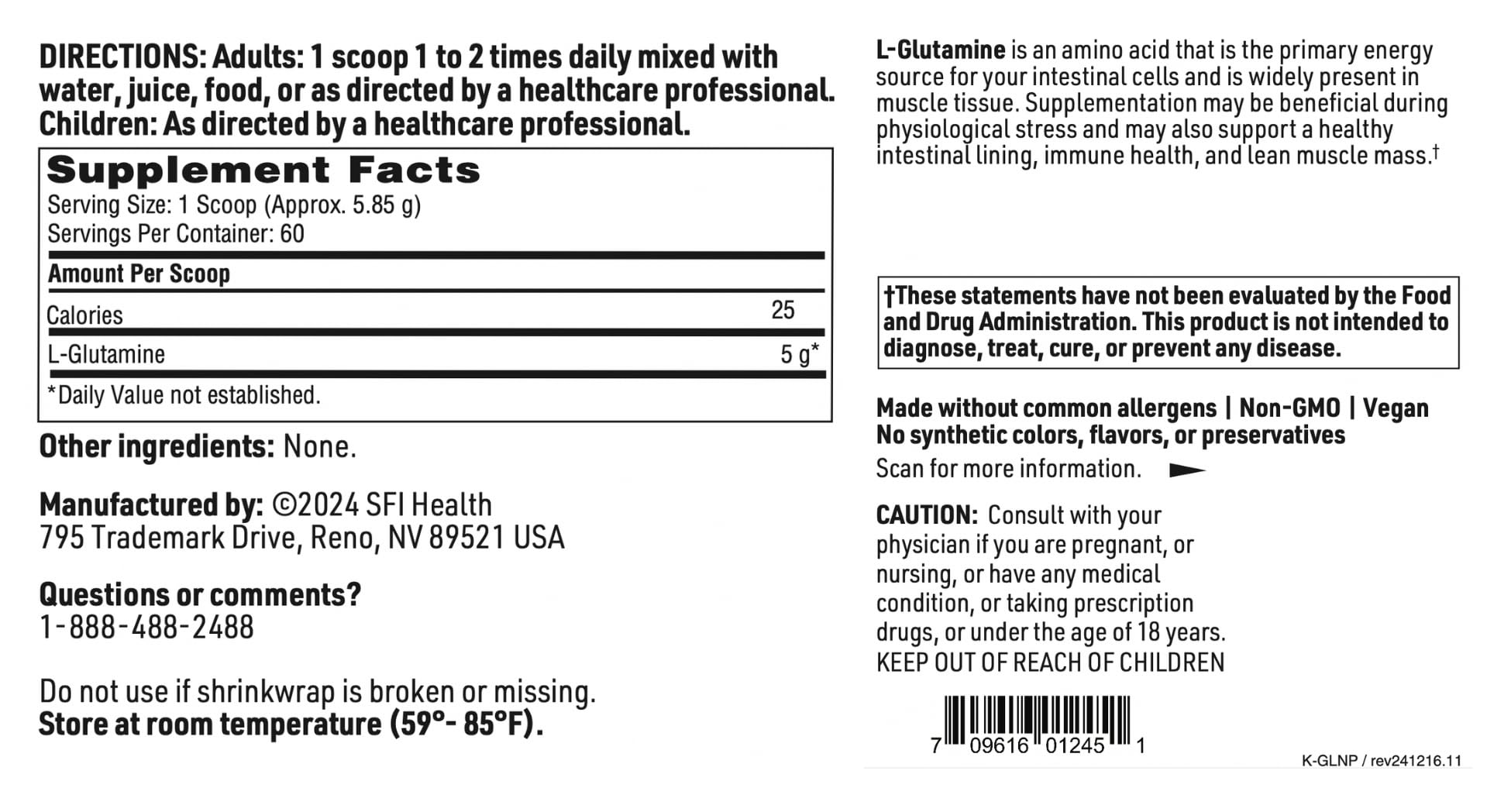 SFI Health Klaire L-Glutamine container close-up emphasizes non-dairy gluten-free claims