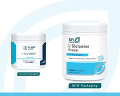 SFI Health Klaire L-Glutamine powder bottle highlights allergen-free formula
