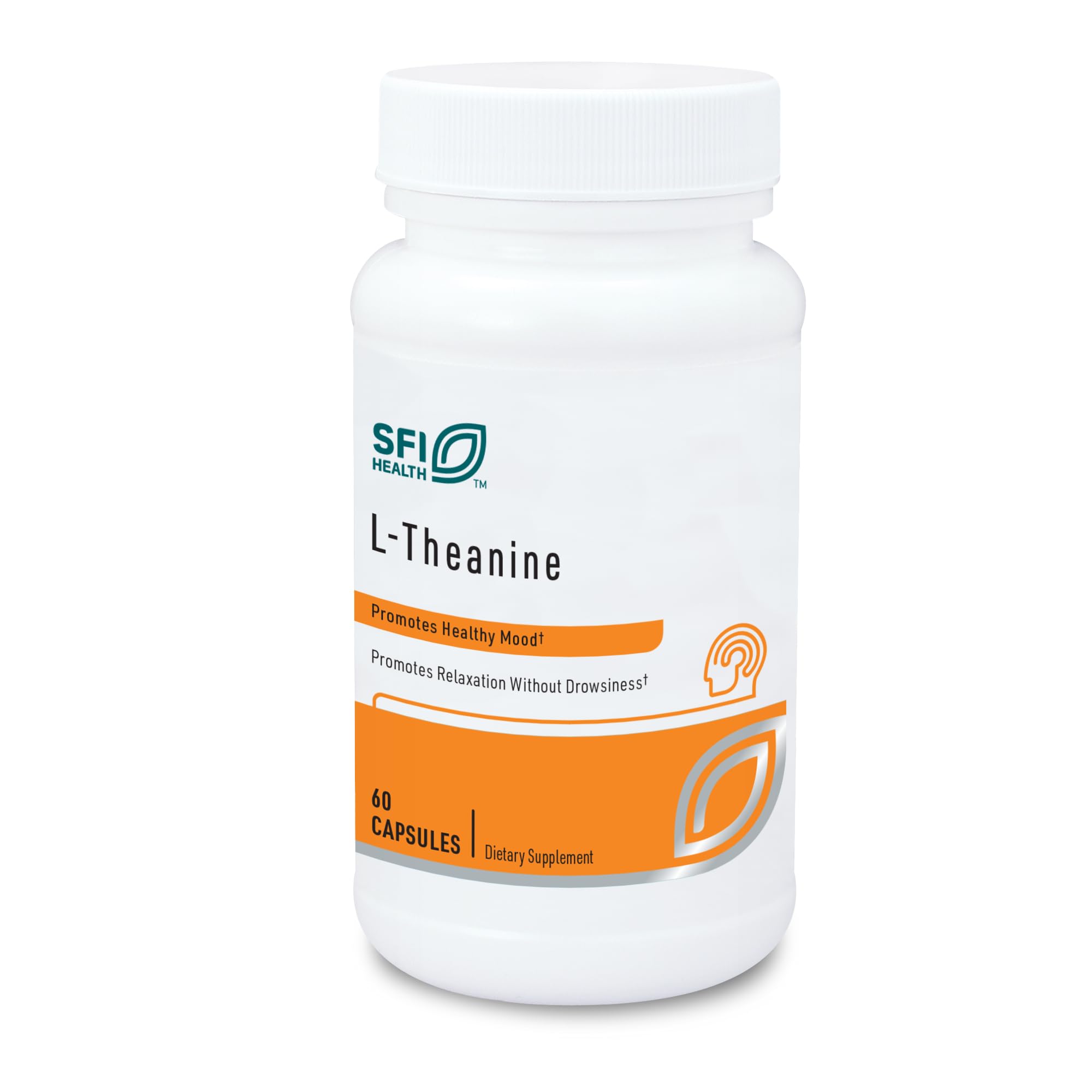 SFI Health Klaire L-Theanine 100mg bottle close-up promoting calm focus without drowsiness.