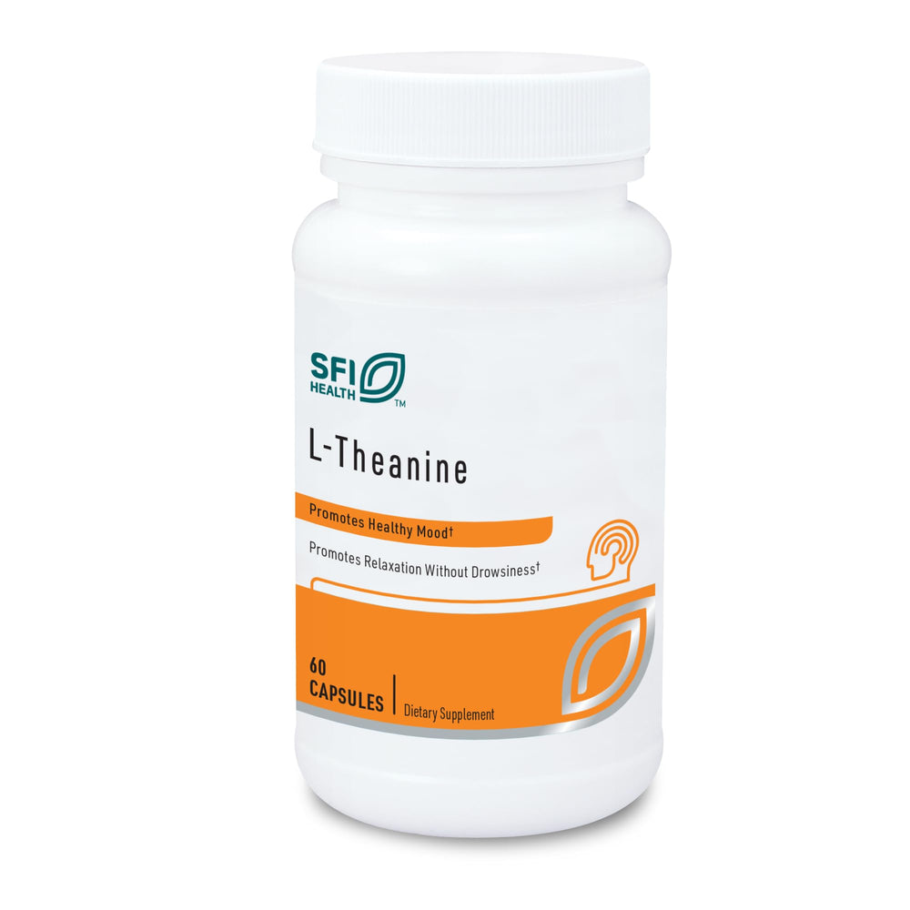 SFI Health Klaire L-Theanine 100mg bottle close-up promoting calm focus without drowsiness.