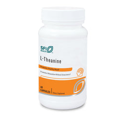 SFI Health Klaire L-Theanine 100mg bottle close-up promoting calm focus without drowsiness.