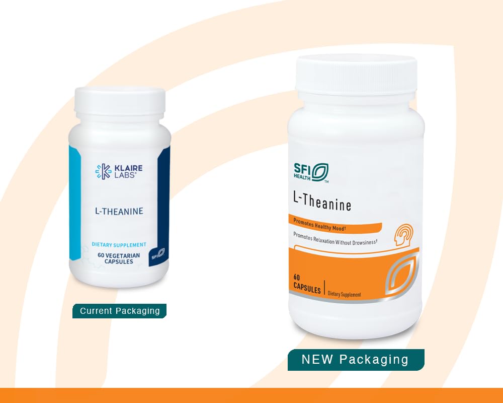 Klaire L-Theanine capsules close-up showcasing Suntheanine pure formula for relaxation.