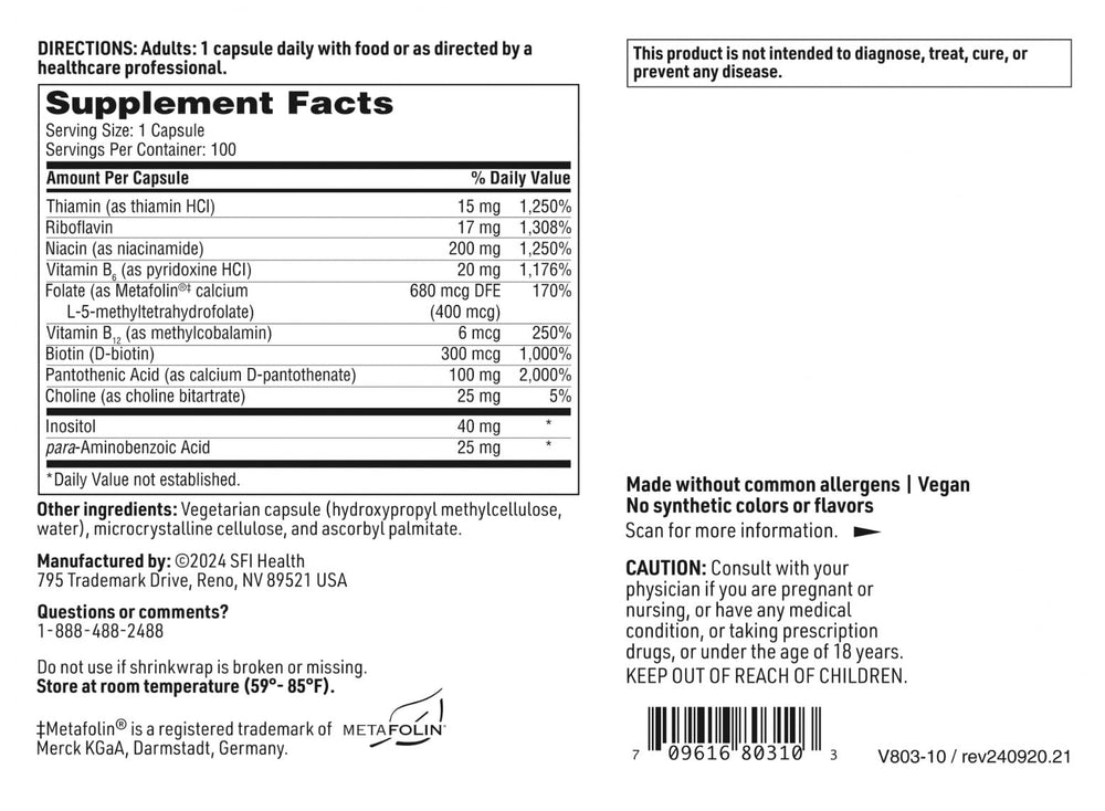 SFI Health Klaire Labs B Complex Plus metafolin folate bioactive label