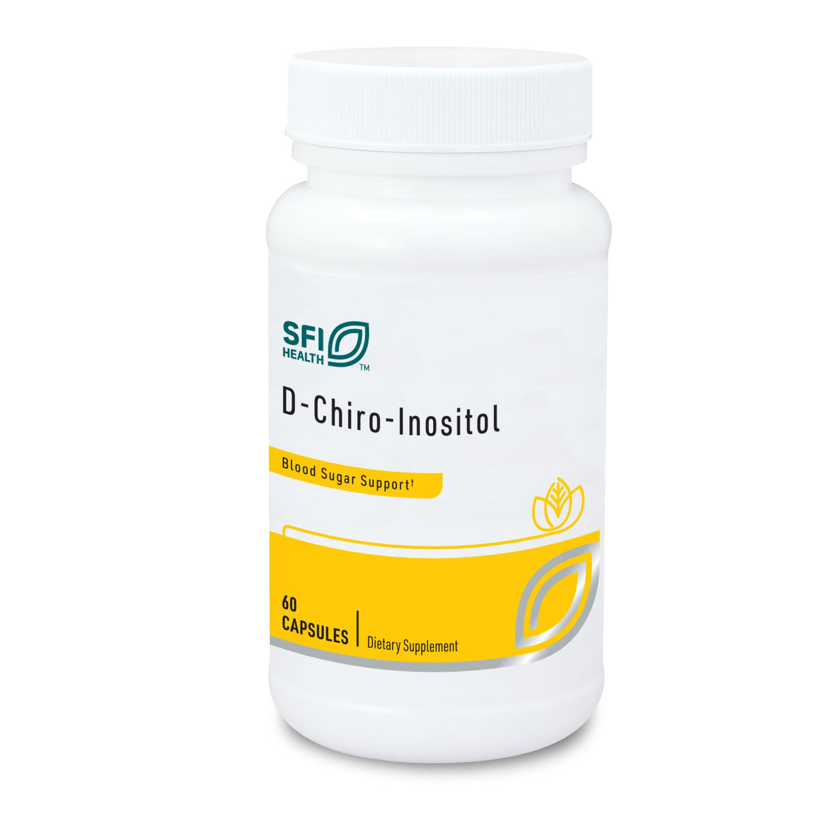 SFI Health Klaire Labs D-Chiro-Inositol 150mg capsules in bottle; hypoallergenic, carob-derived formula.