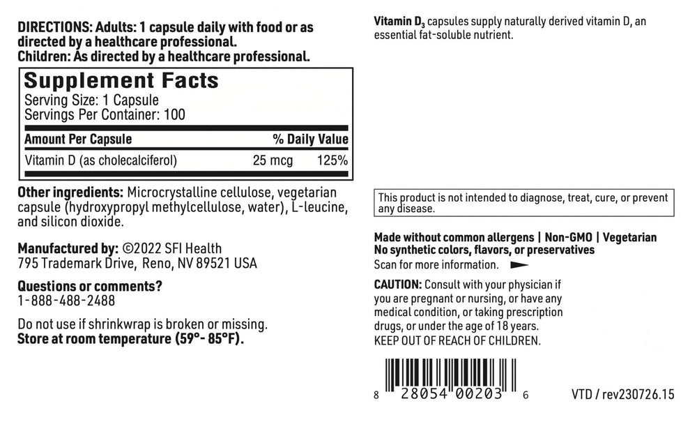 SFI Health Klaire Labs D3 bottle confirms no artificial colors, flavors, or preservatives