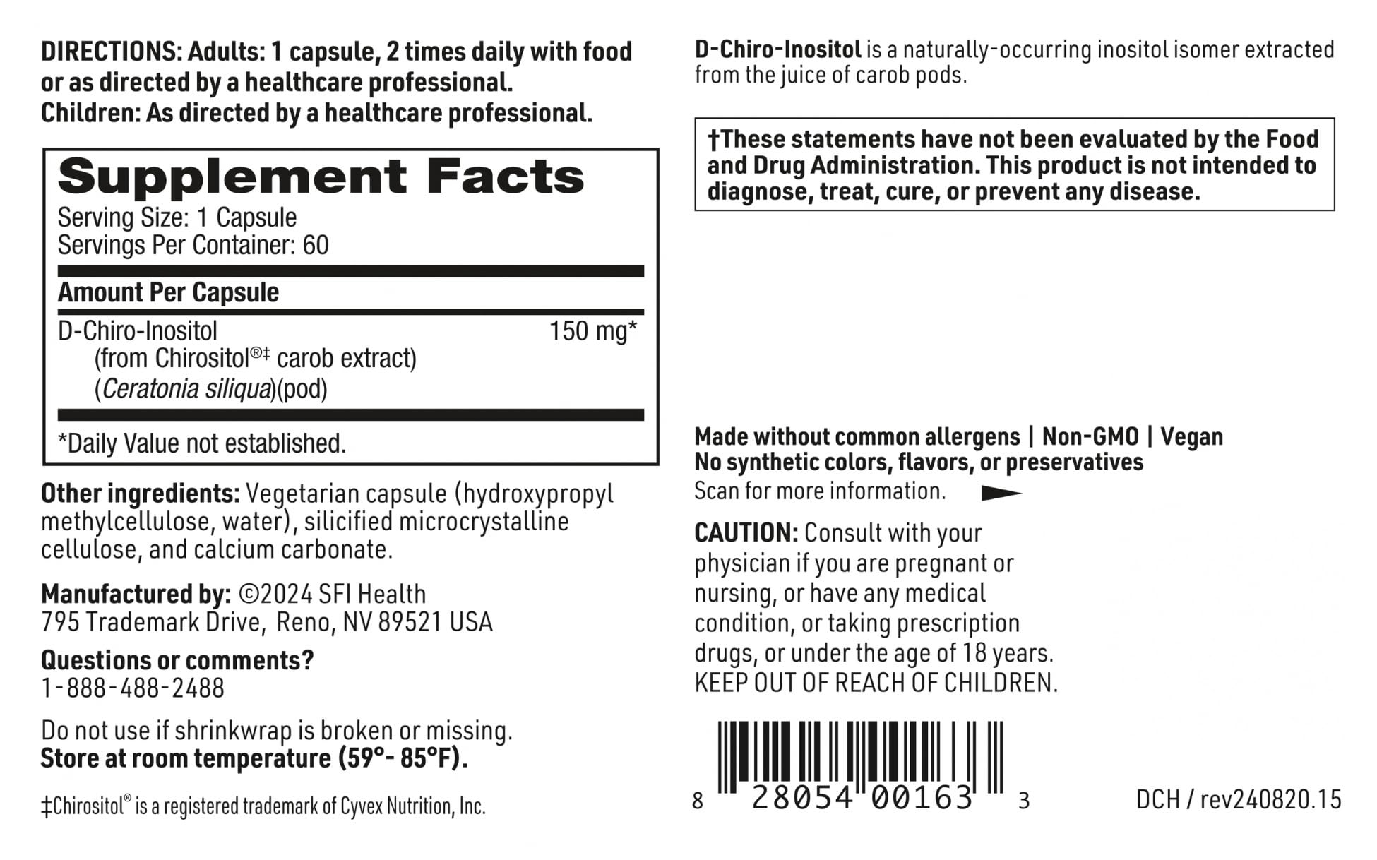 Ingredient panel on bottle shows carob-derived source for D-Chiro-Inositol.