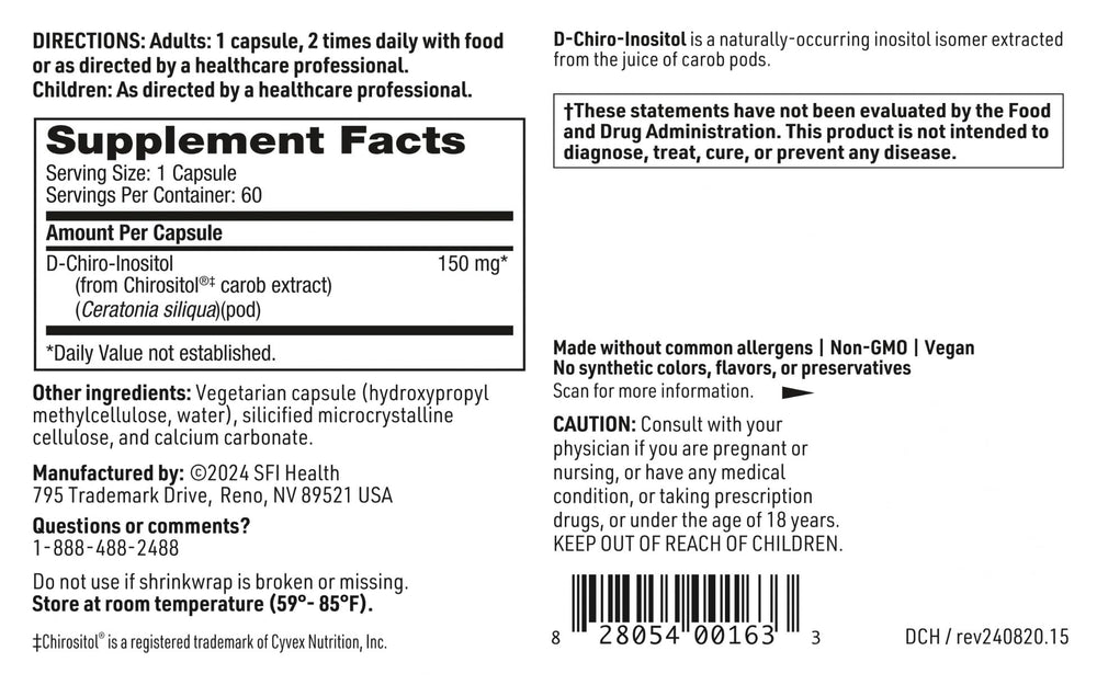 Ingredient panel on bottle shows carob-derived source for D-Chiro-Inositol.
