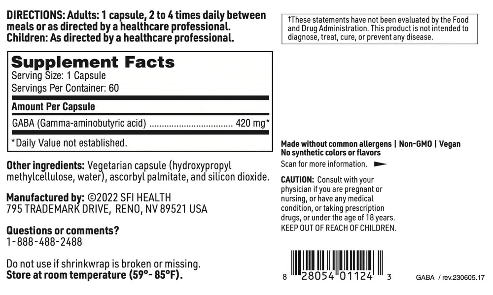 SFI Health Klaire Labs GABA ingredient list emphasizing clean ingredients.