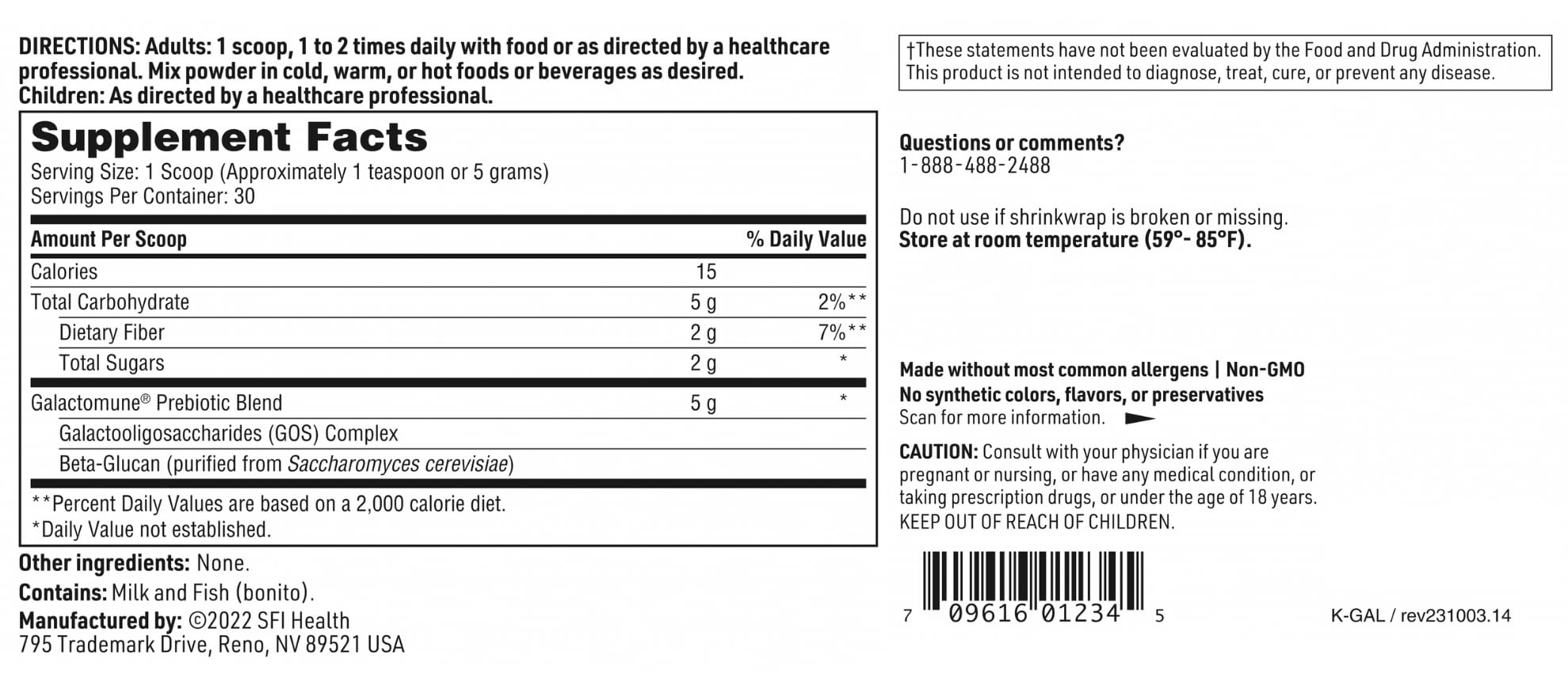 SFI Health Klaire Labs Galactomune ingredients panel highlights GOS and beta-glucan details.