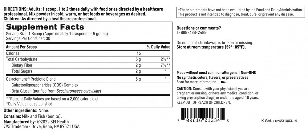 SFI Health Klaire Labs Galactomune ingredients panel highlights GOS and beta-glucan details.