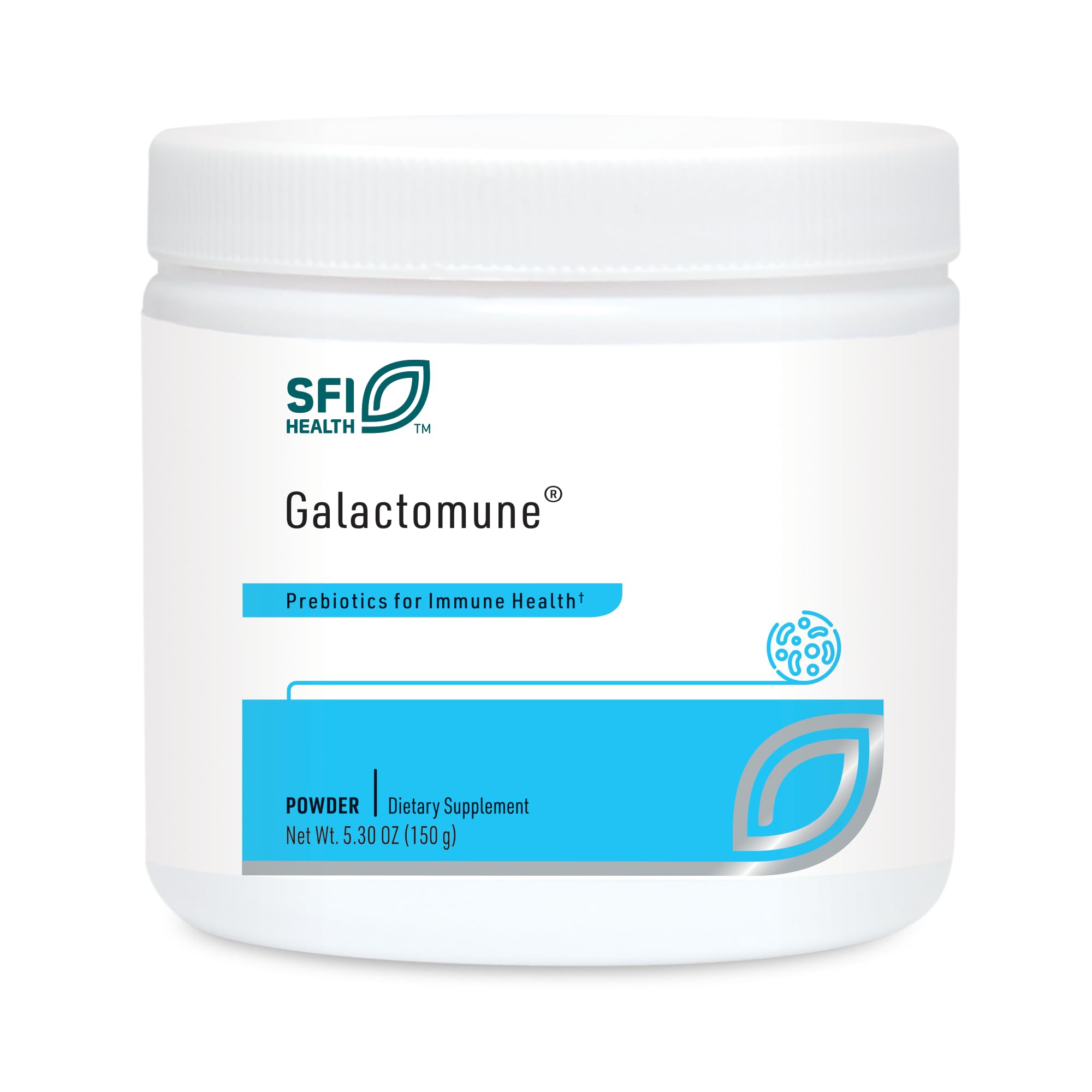 SFI Health Klaire Labs Galactomune powder tub front promoting daily prebiotic balance.