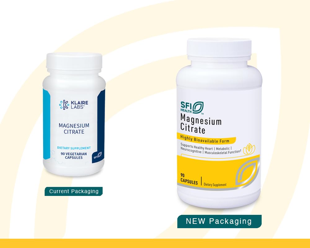 SFI Health Klaire Labs Magnesium Citrate label close-up, easy daily supplement for energy support.