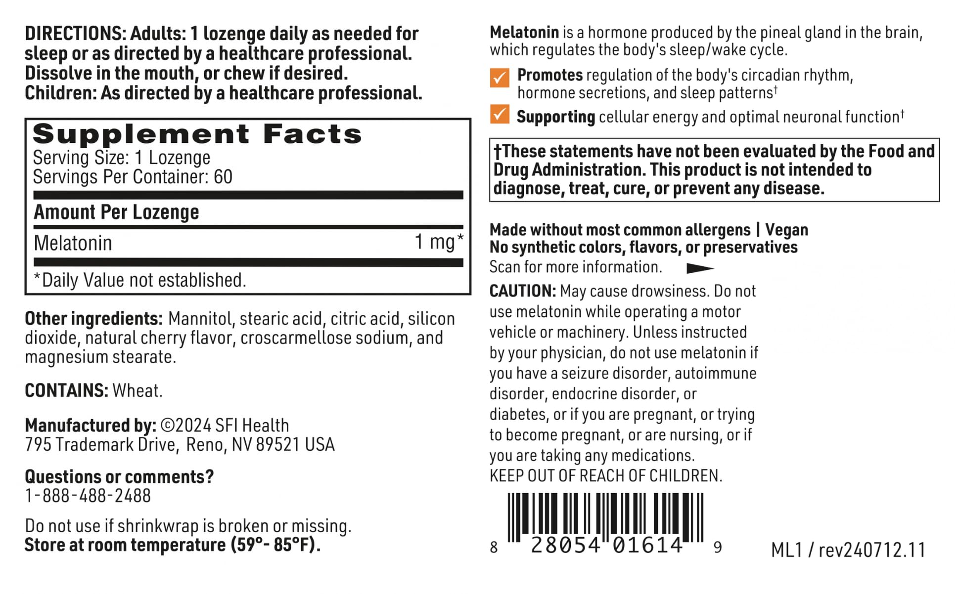 Mannitol-sweetened Klaire Labs melatonin lozenge label close-up.