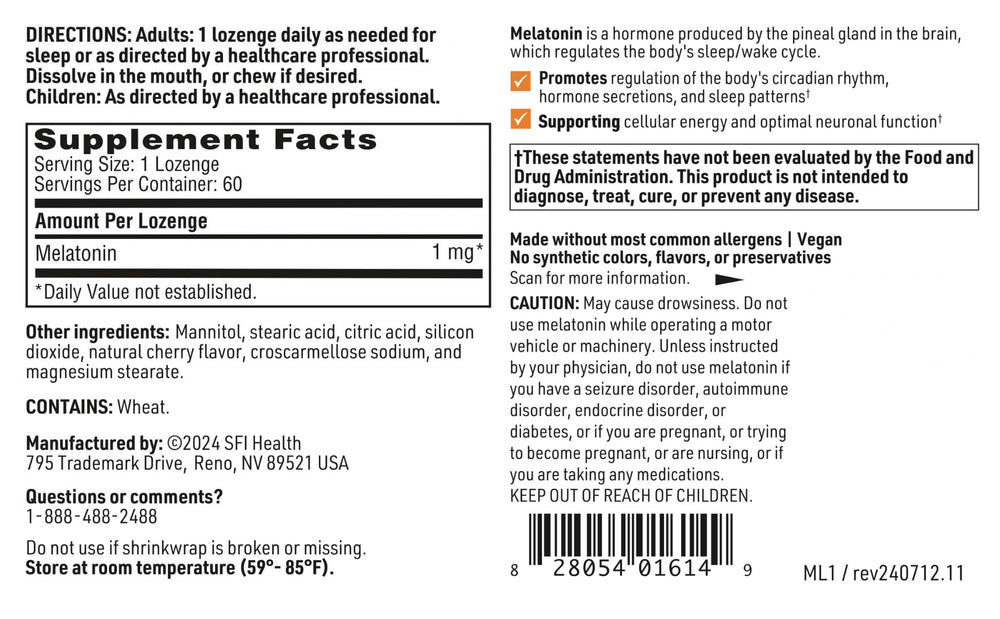 Mannitol-sweetened Klaire Labs melatonin lozenge label close-up.
