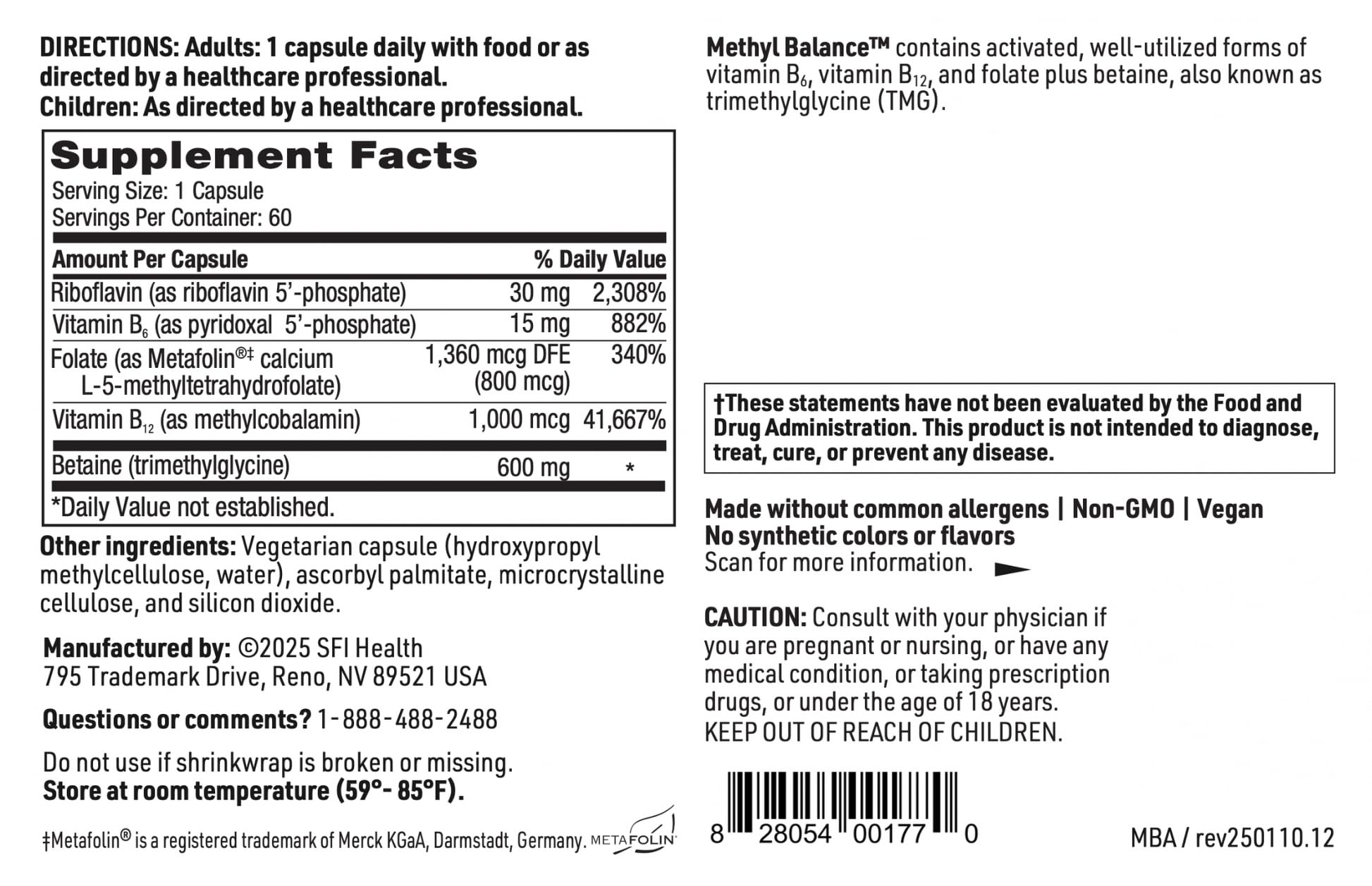 SFI Health Klaire Labs Methyl Balance ingredient panel emphasizing active folate
