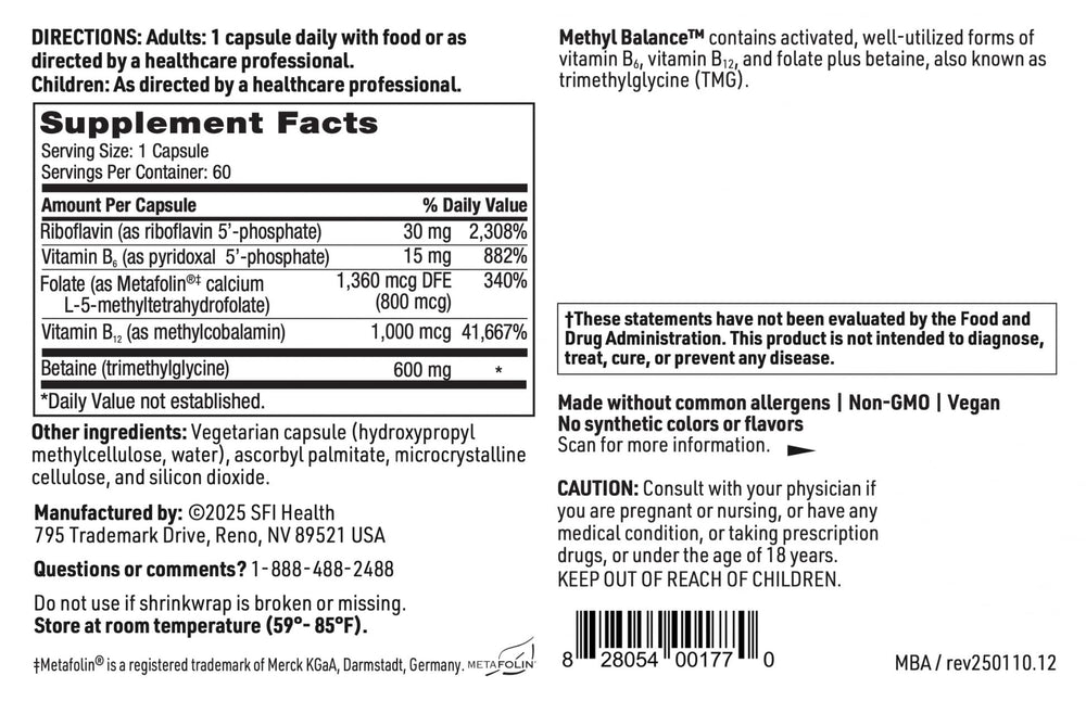 SFI Health Klaire Labs Methyl Balance ingredient panel emphasizing active folate