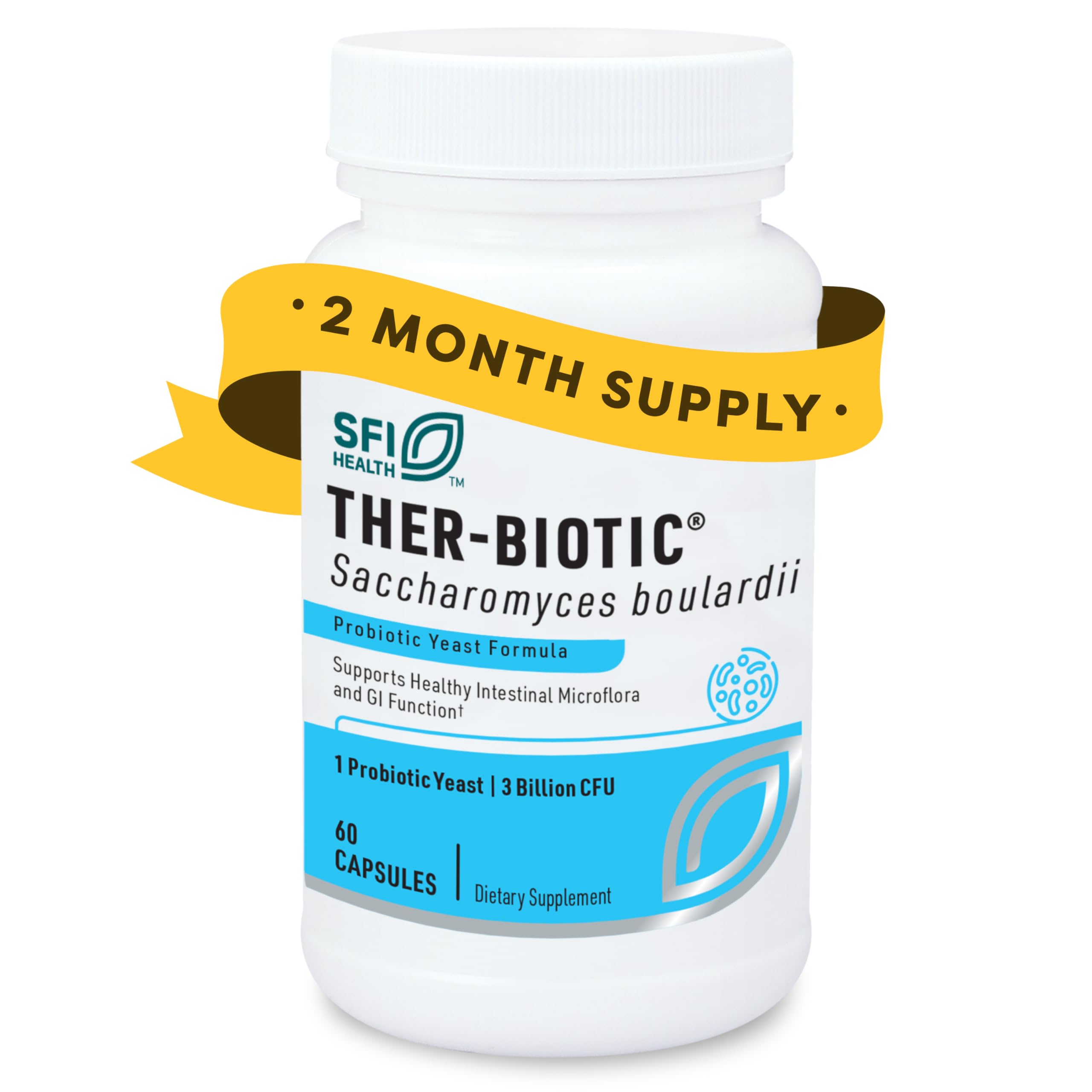 SFI Health Klaire Labs Ther-Biotic S. boulardii bottle promotes digestive balance.