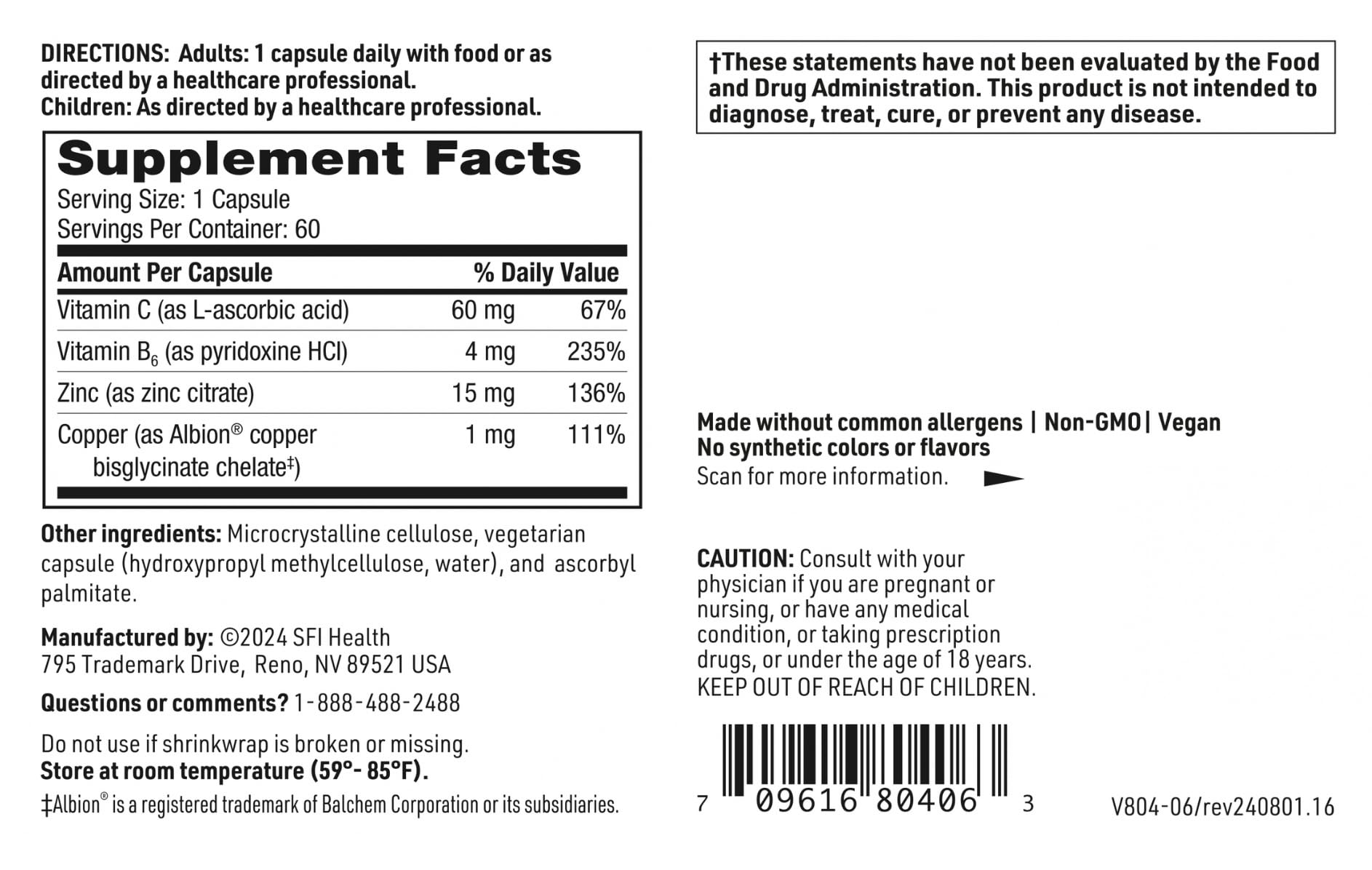 SFI Health Klaire Labs Zinc Plus nutrition facts panel highlights essential mineral support
