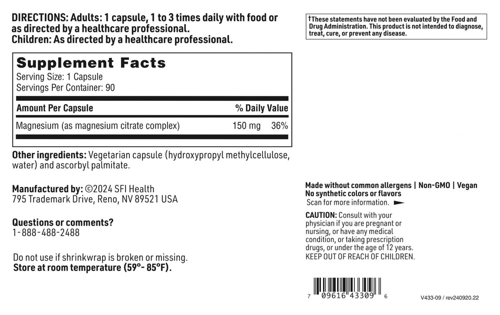 SFI Health Magnesium Citrate bottle on shelf, a reliable source of essential minerals for bones.