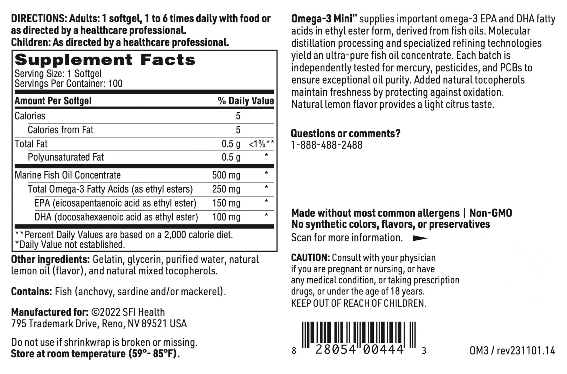 SFI Health Omega-3 Mini third party testing stamp on packaging.