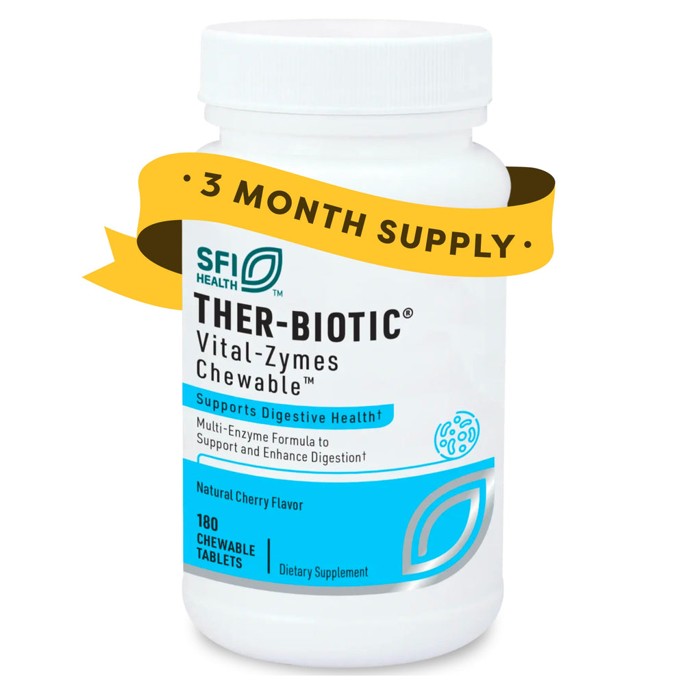 SFI Health Vital-Zymes bottle front showing cherry-flavored chewables for easy digestion after meals