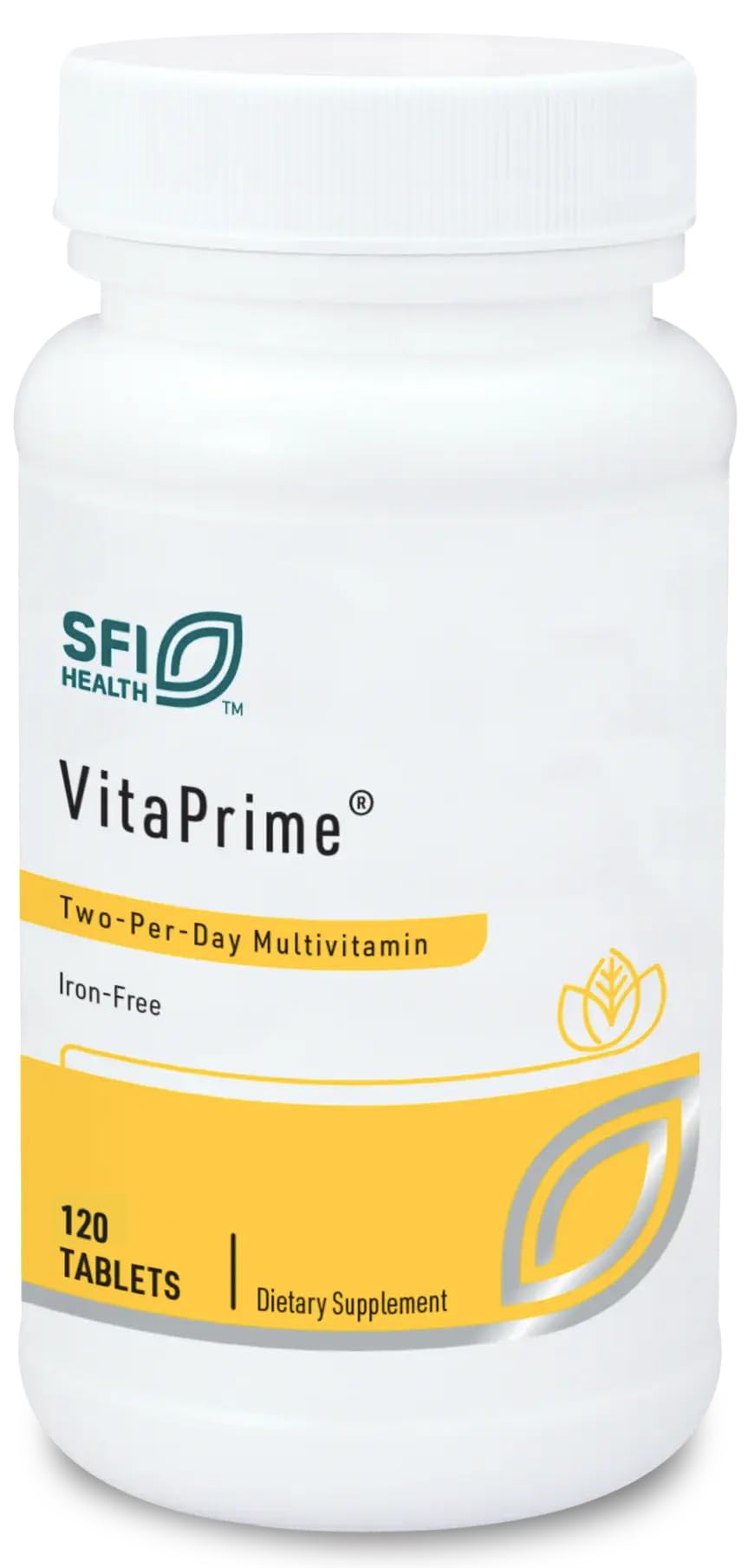 SFI Health VitaPrime bottle front showing iron-free multivitamin for daily wellness