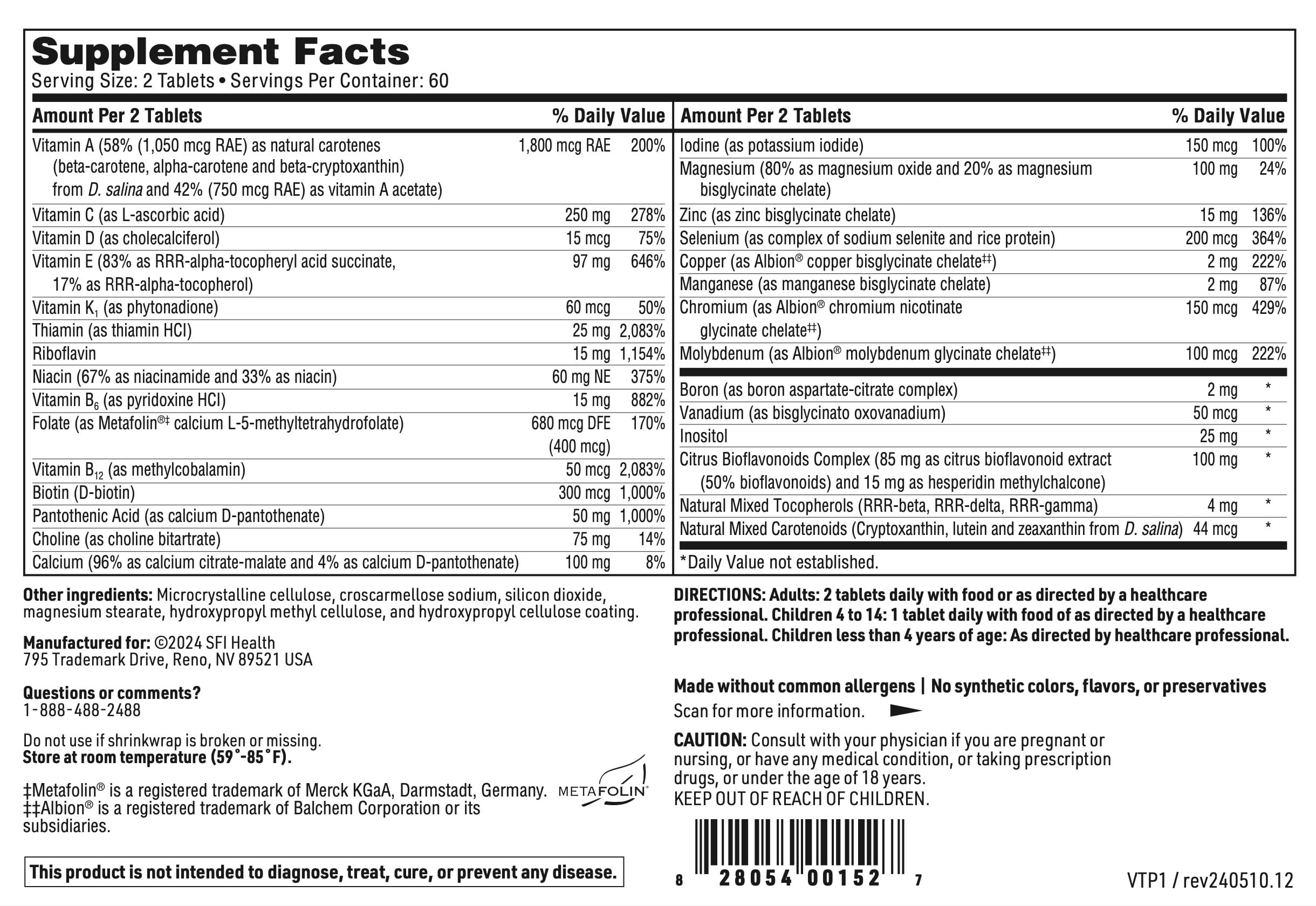 VitaPrime ingredients chart highlighting methyl folate and B12