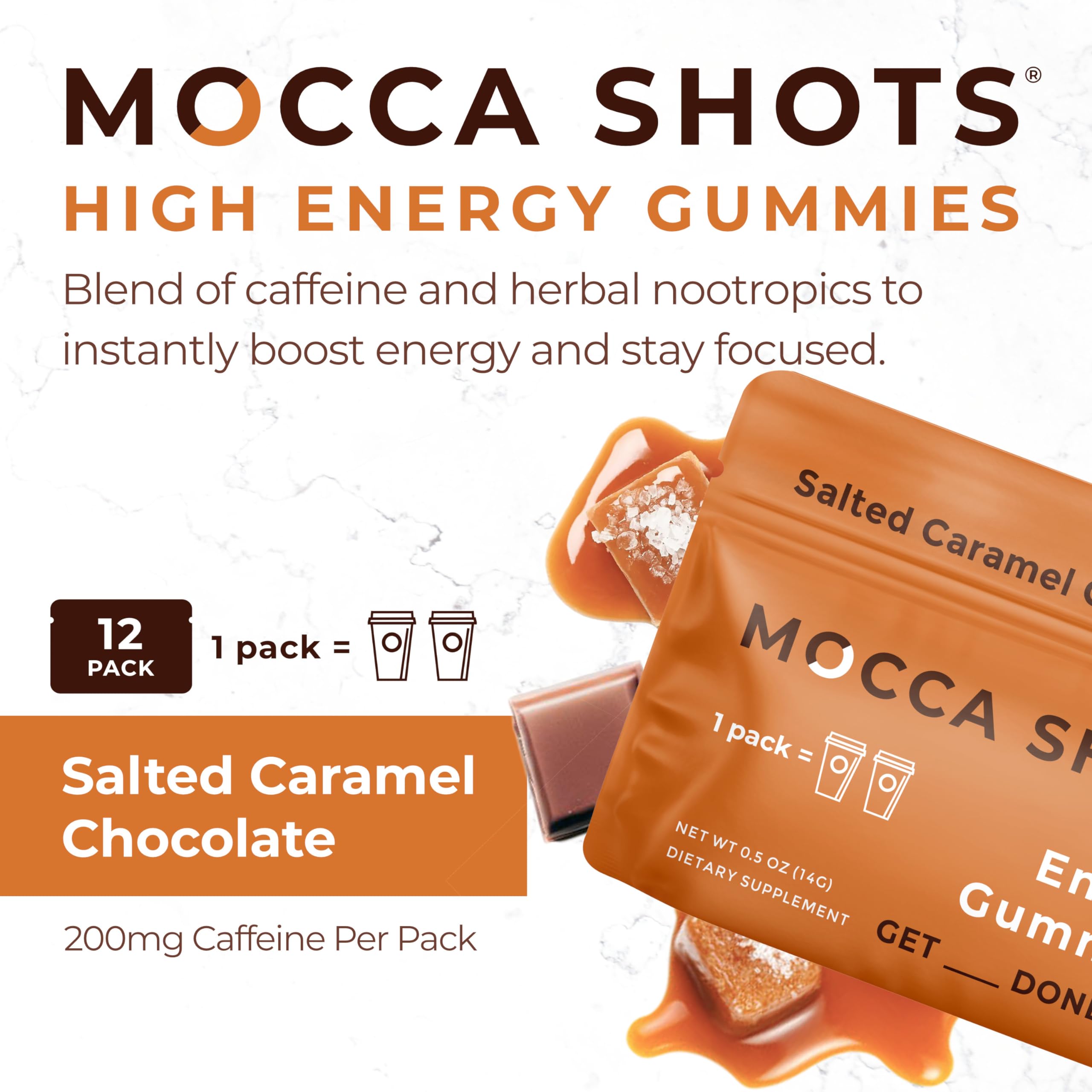 SGC Mocca Shots gummy close-up highlighting texture and salted caramel flavor for focus support.